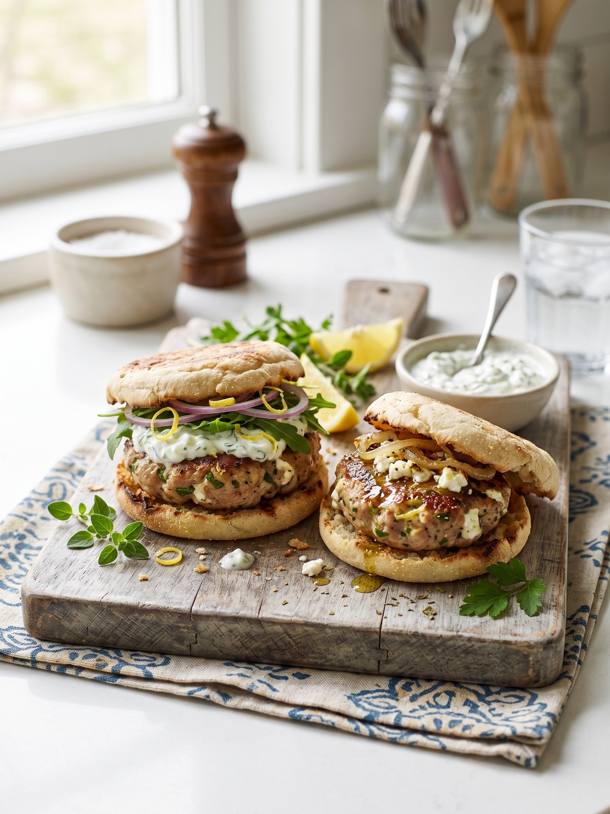 Barefoot Contessa Turkey Burgers variation with lettuce wraps, spicy mayo, and fresh herb garnish on a white plate.