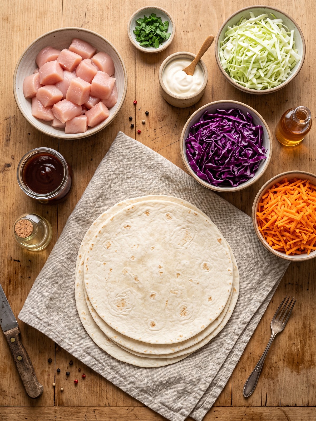 BBQ Chicken Coleslaw Wraps ingredients on a wooden board