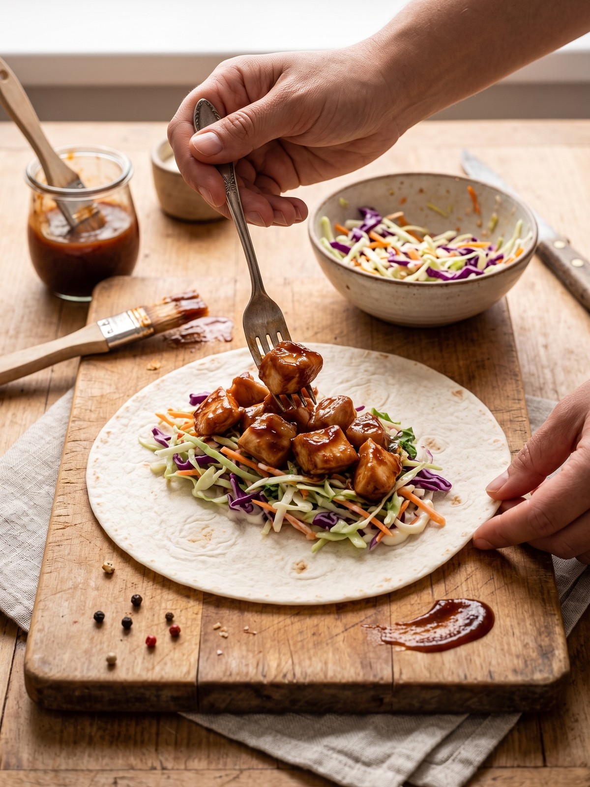 Assembling BBQ Chicken Coleslaw Wraps with chicken and slaw