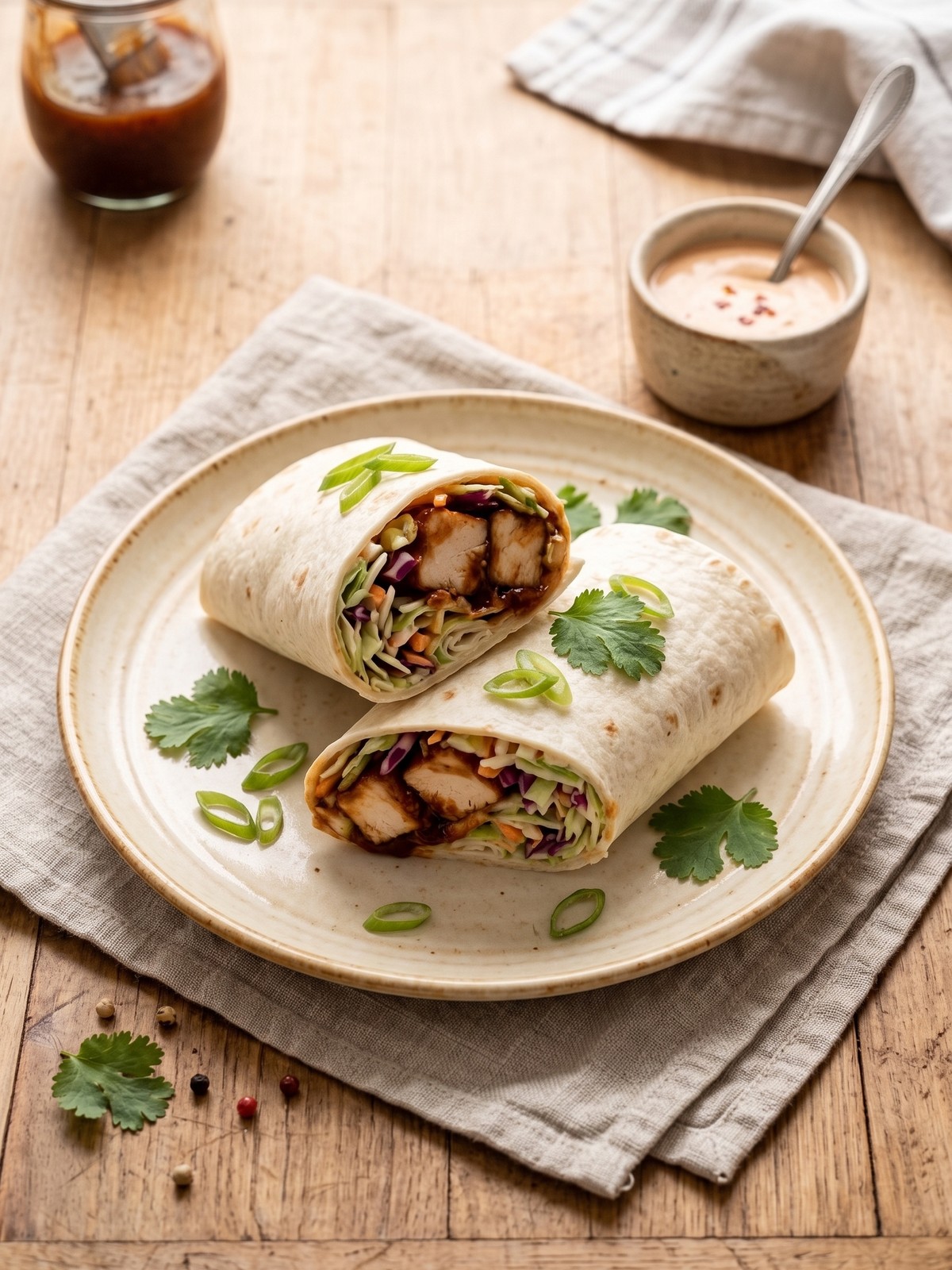 Variations of BBQ Chicken Coleslaw Wraps with different toppings
