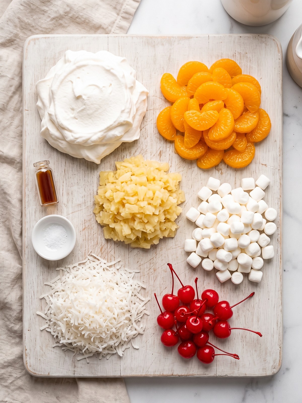 Better Than Sex Fruit Salad ingredients with mandarin oranges, pineapple, marshmallows, coconut, and whipped topping