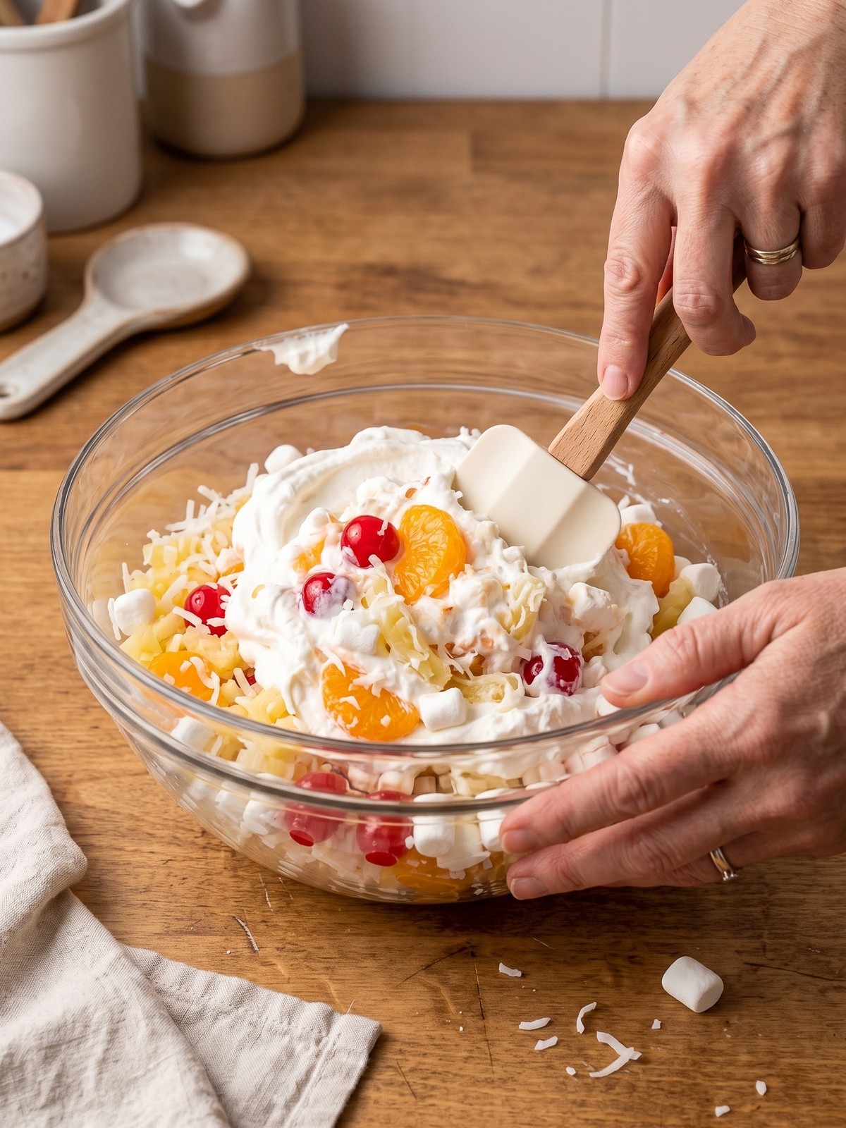 How to make Better Than Sex Fruit Salad by gently folding fruit, marshmallows, and coconut into whipped topping