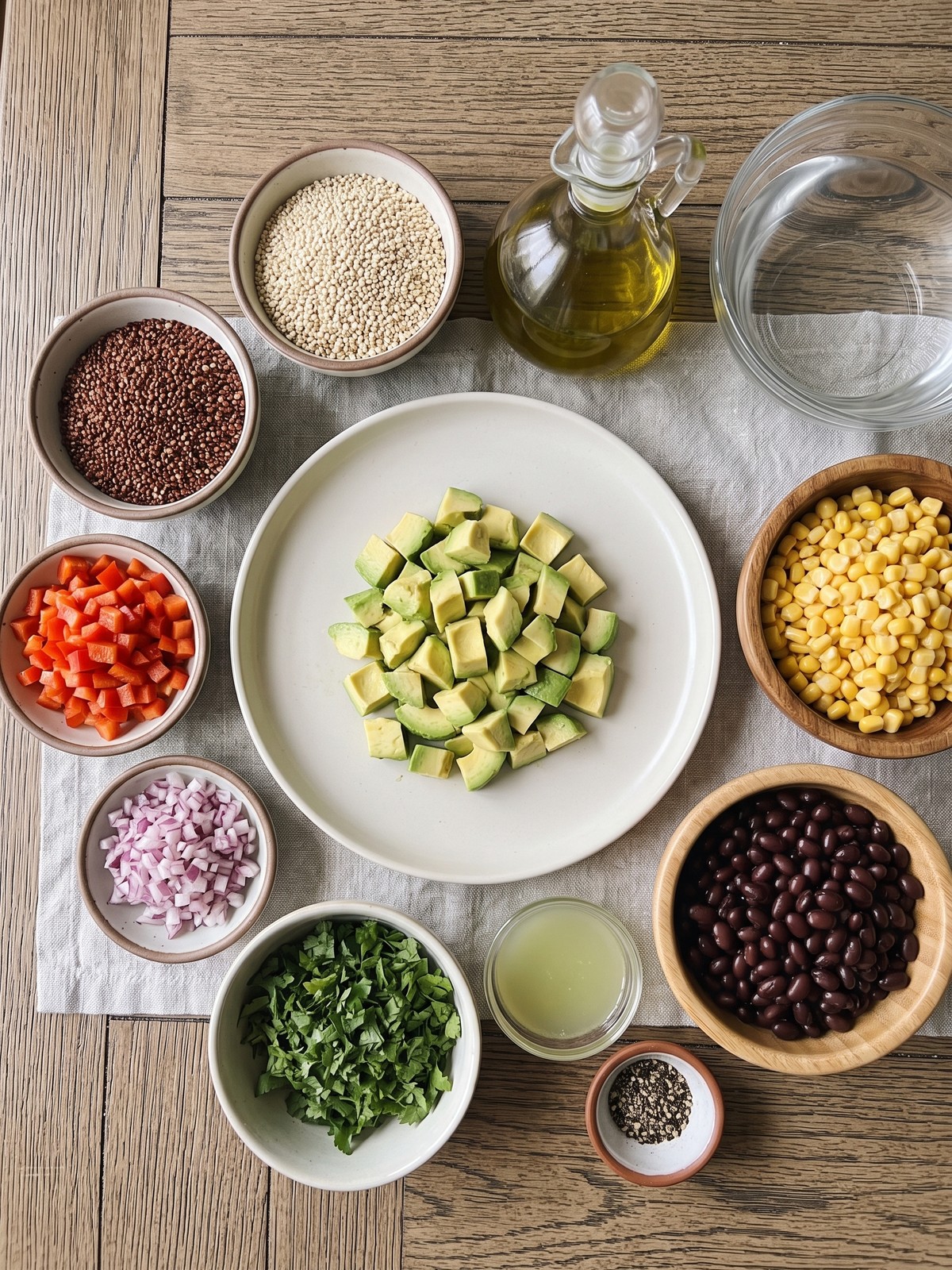 Overhead shot of black bean quinoa salad in a white bowl with avocado, corn, and cilantro.