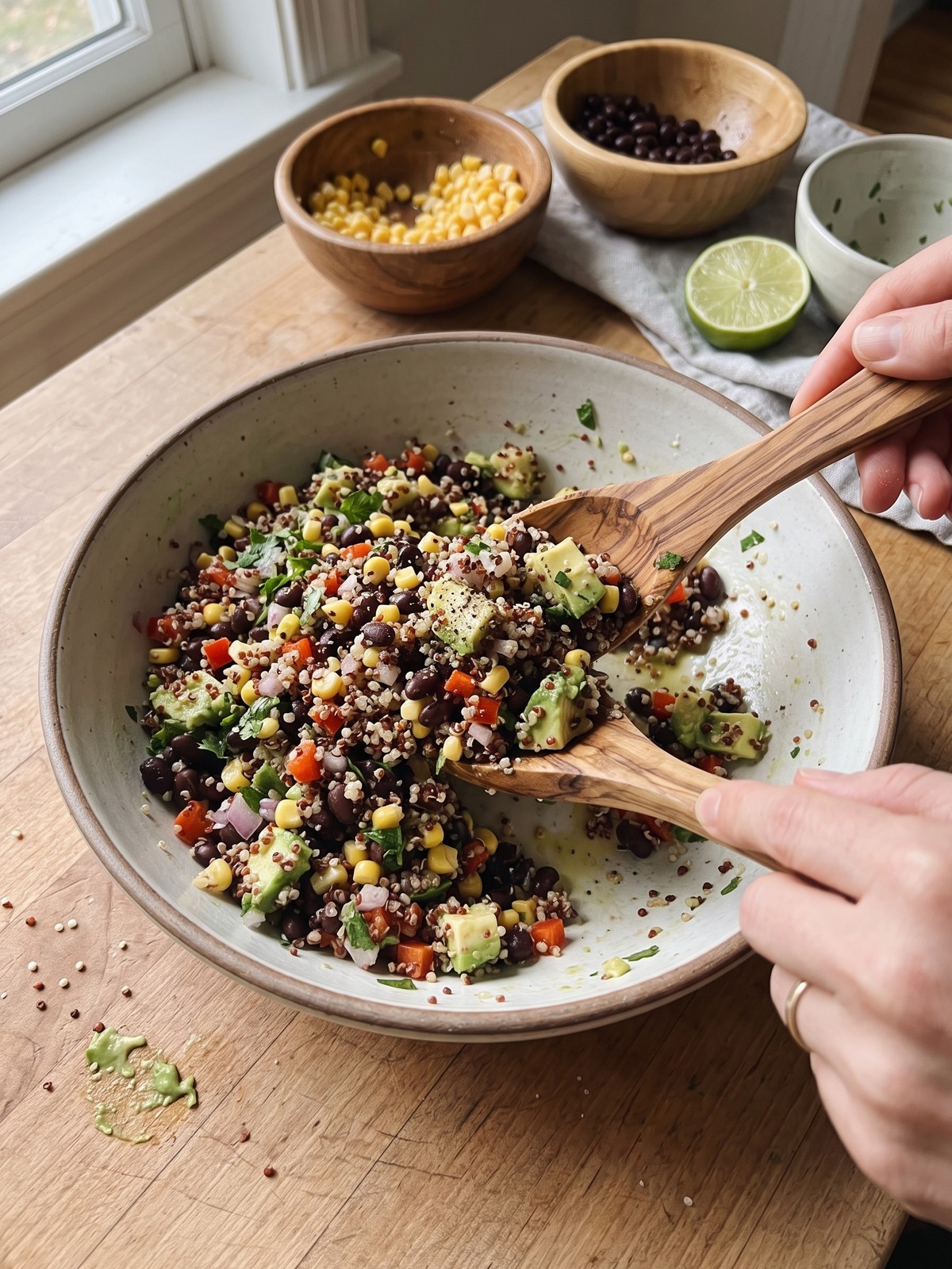 Mixing black bean quinoa salad in a large glass bowl with a wooden spoon.