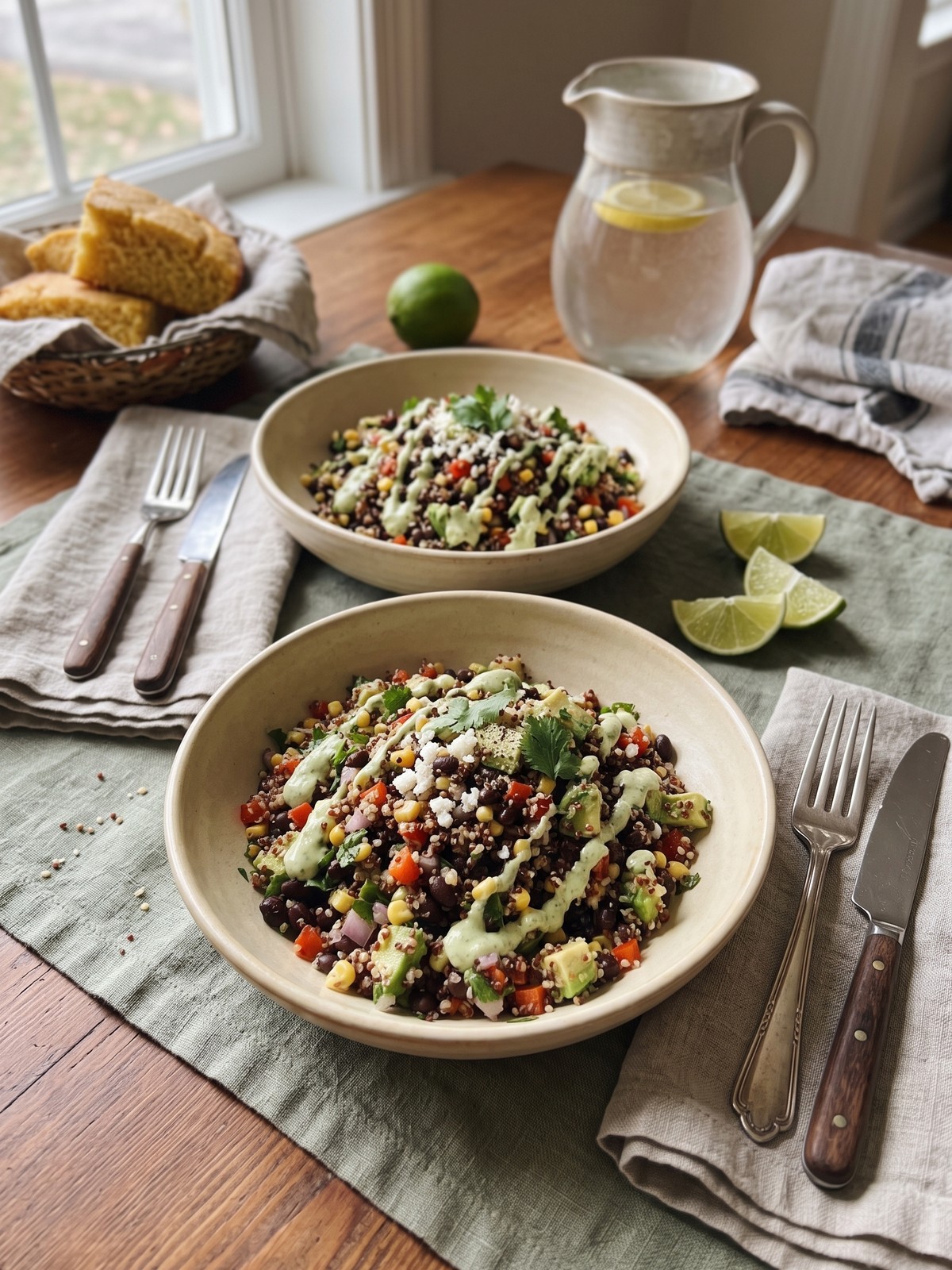 Serving black bean quinoa salad in a white bowl with a lime wedge on the side.
