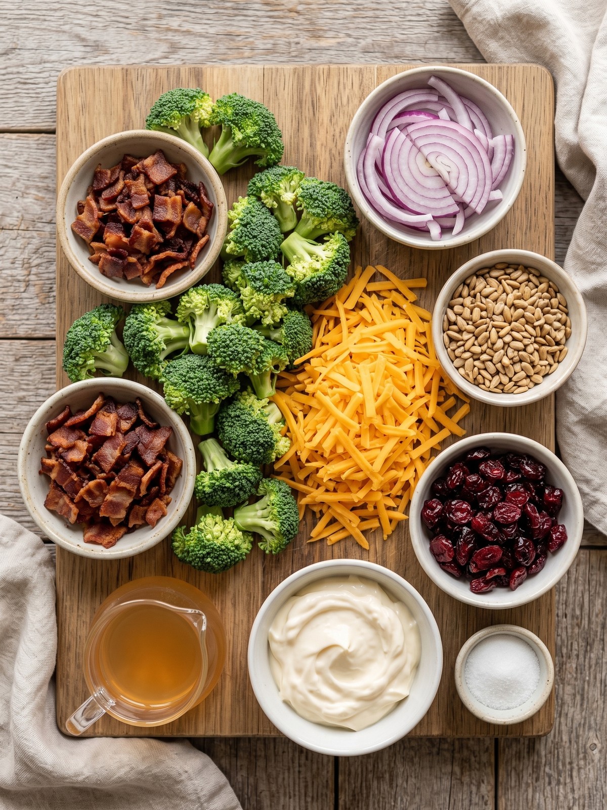 Broccoli Salad with Bacon in a white serving bowl with visible bacon, cheddar, cranberries, and sunflower seeds