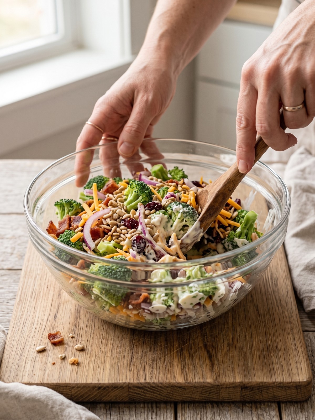 Overhead shot of Broccoli Salad with Bacon being tossed in a large mixing bowl with a wooden spoon