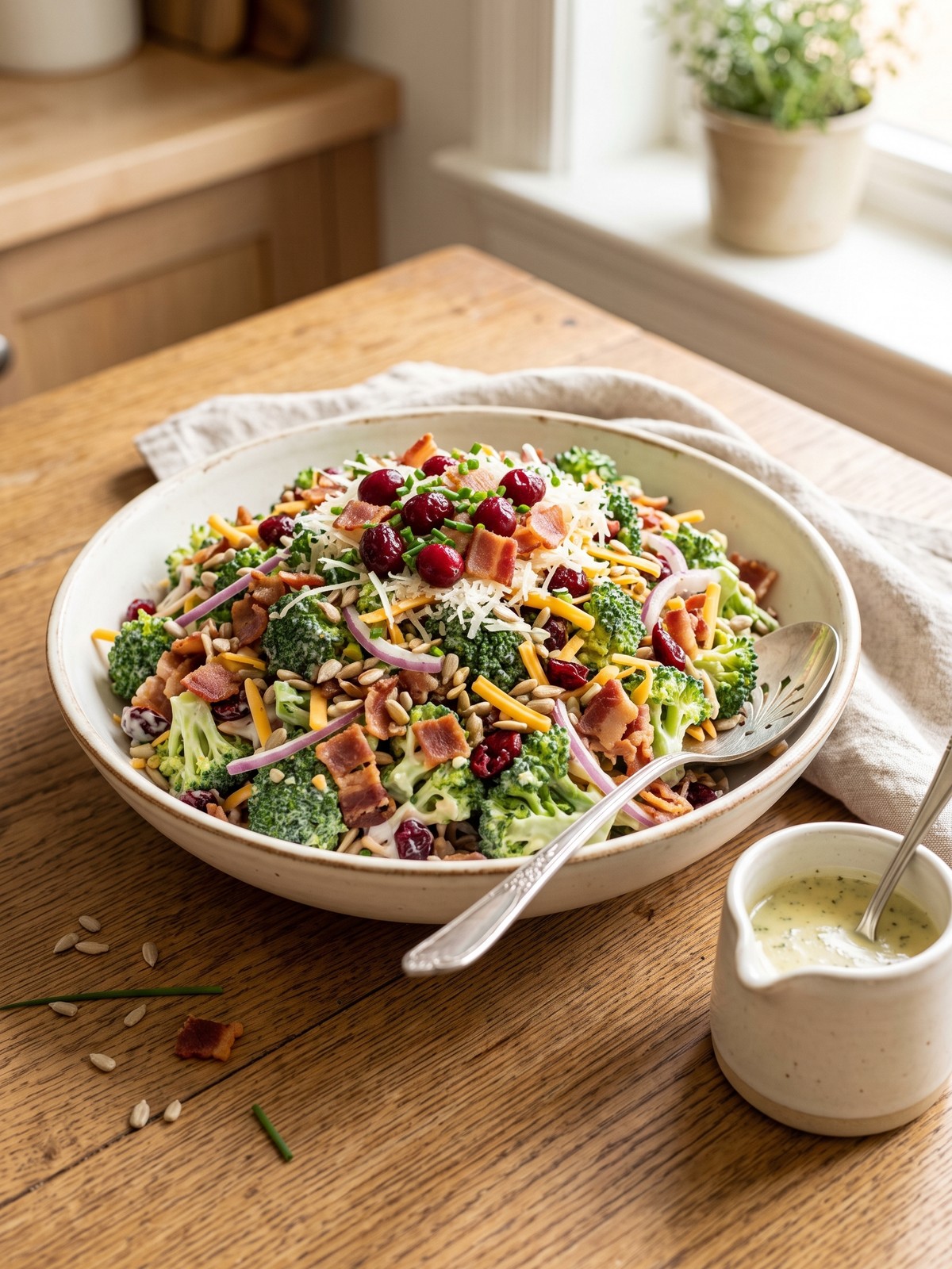 Close-up of Broccoli Salad with Bacon in a serving bowl with a spoon, showing the creamy dressing and colorful ingredients