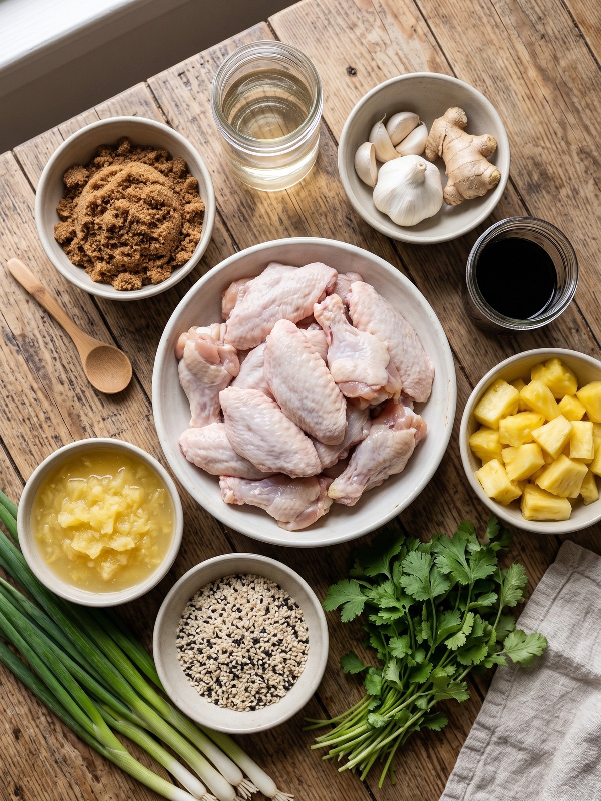 A sheet pan of baked brown sugar pineapple chicken wings with a sticky, caramelized glaze, garnished with sliced green onions and pineapple chunks.