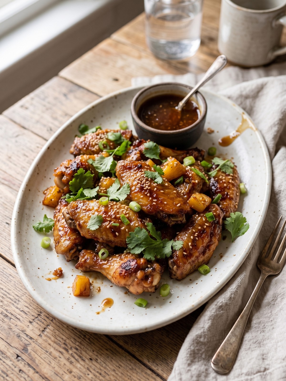 A serving platter of brown sugar pineapple chicken wings with a small bowl of extra glaze, garnished with green onions and sesame seeds.