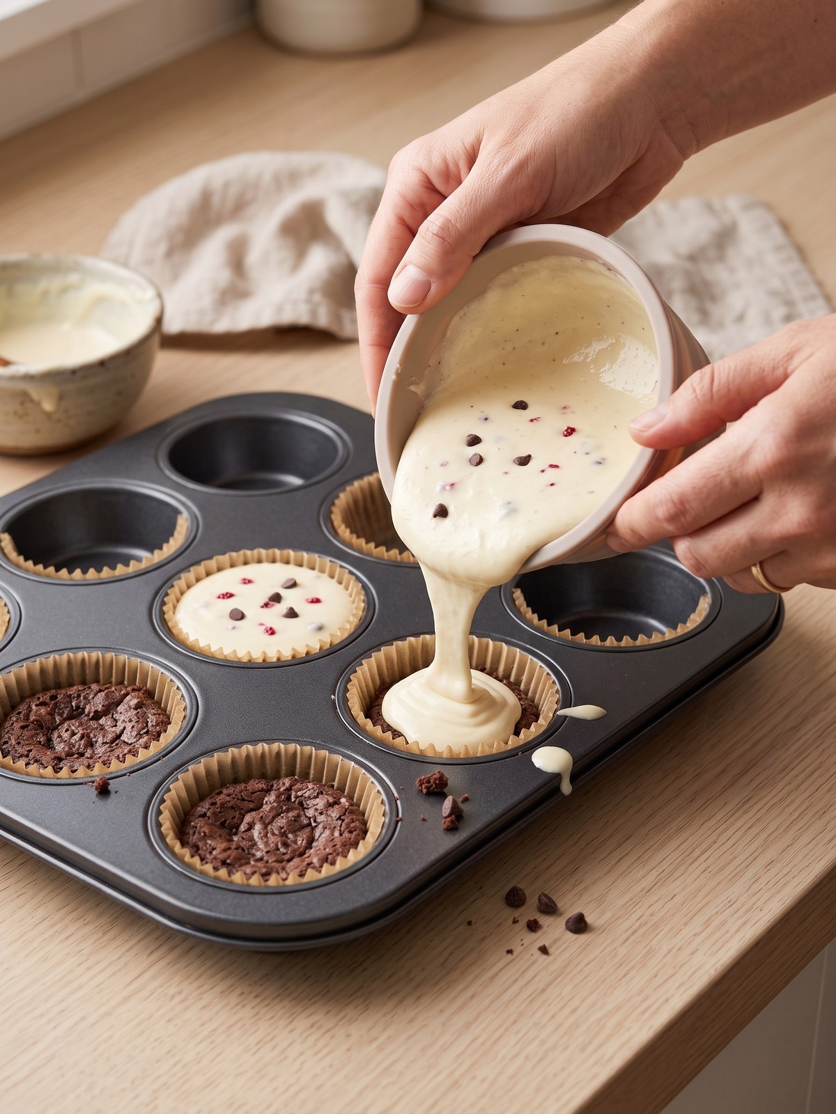 Step-by-step process of making Brownie Bottom Cheesecake Bites, showing the brownie base, cheesecake layer, and ganache topping.