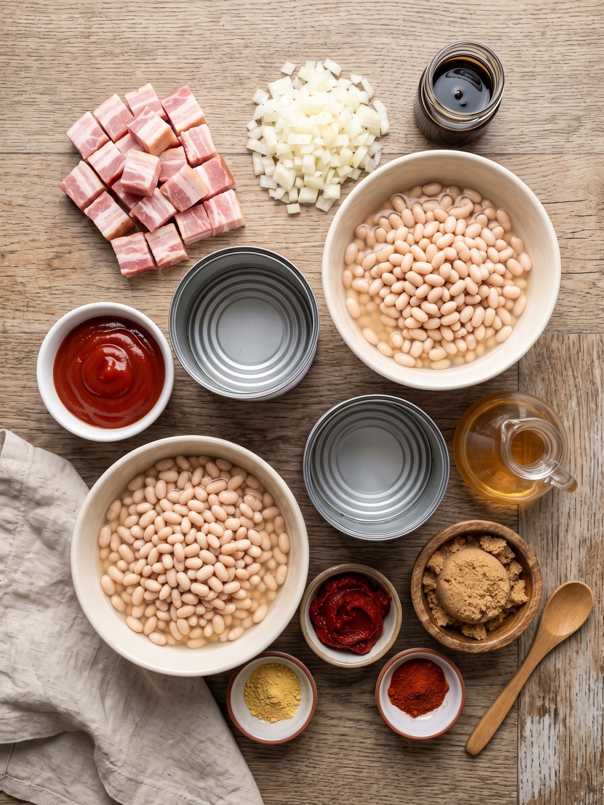 A cast iron skillet filled with glossy, dark red baked beans, topped with crispy bacon pieces and fresh parsley, with a wooden spoon resting on the side.