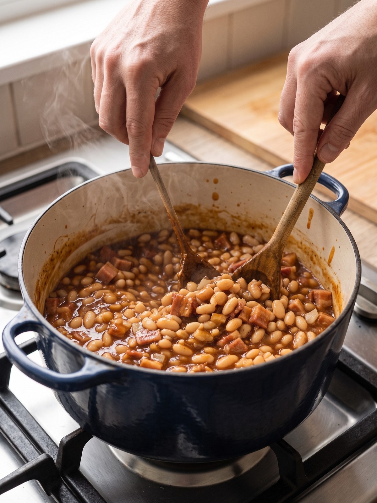 An overhead shot of a baking dish filled with bubbling baked beans, with a golden caramelized top and visible bacon pieces, fresh out of the oven.