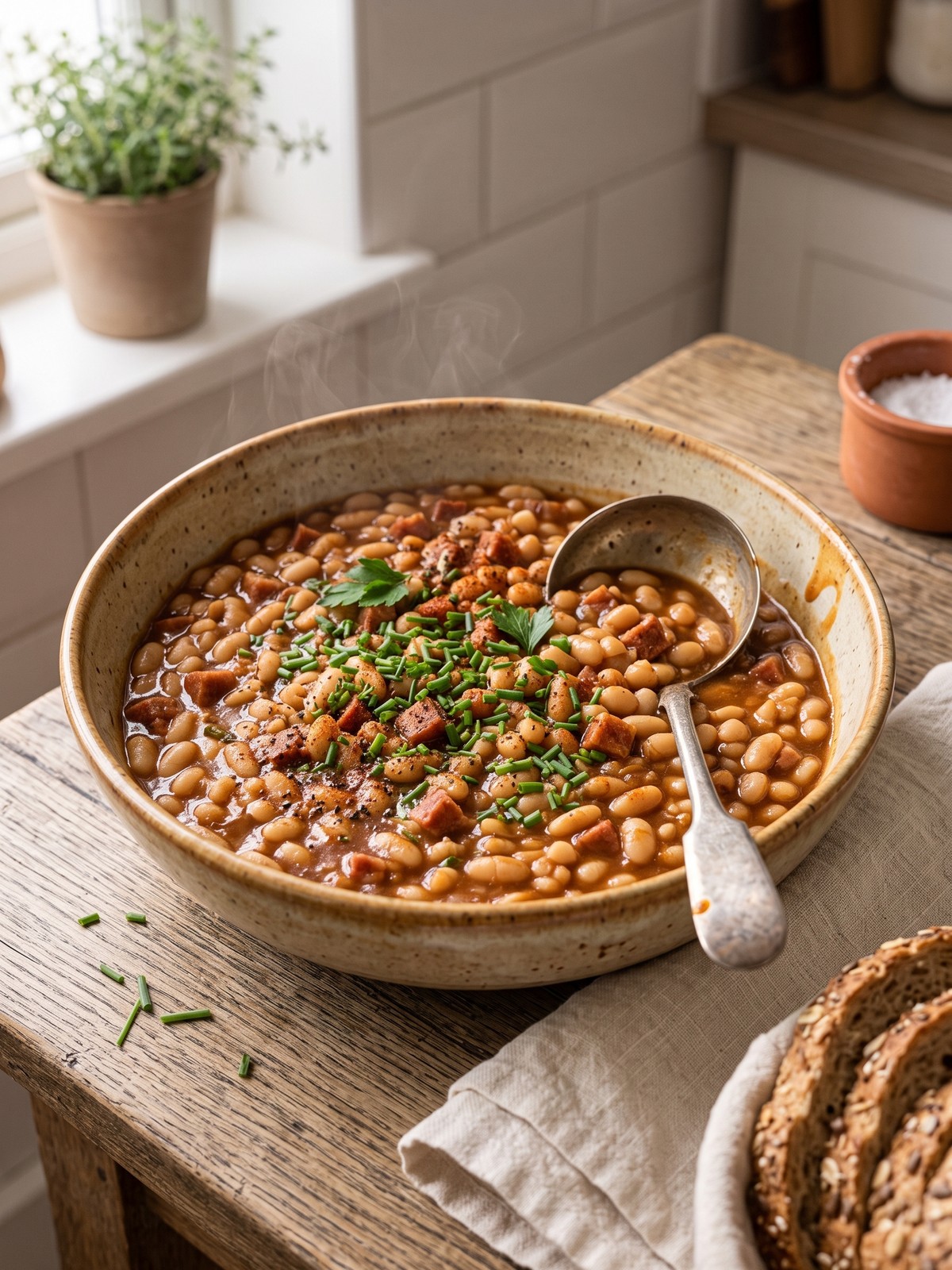 A close-up of a spoon scooping up a generous portion of baked beans, with a rustic wooden table and a checkered napkin in the background.
