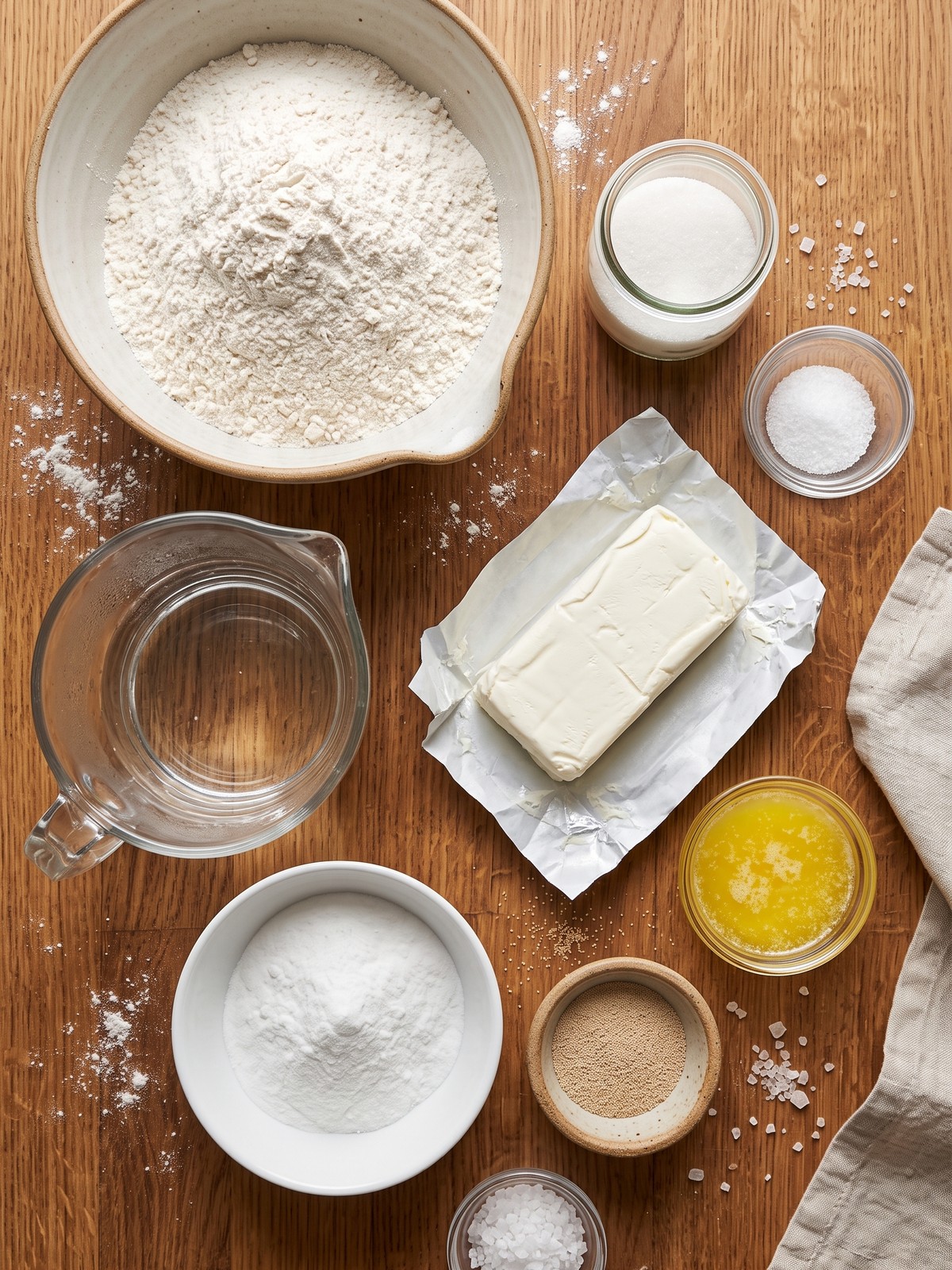 Bread flour, yeast dough, chilled cream cheese, baking soda, and coarse salt prepared for Cheese Stuffed Pretzels