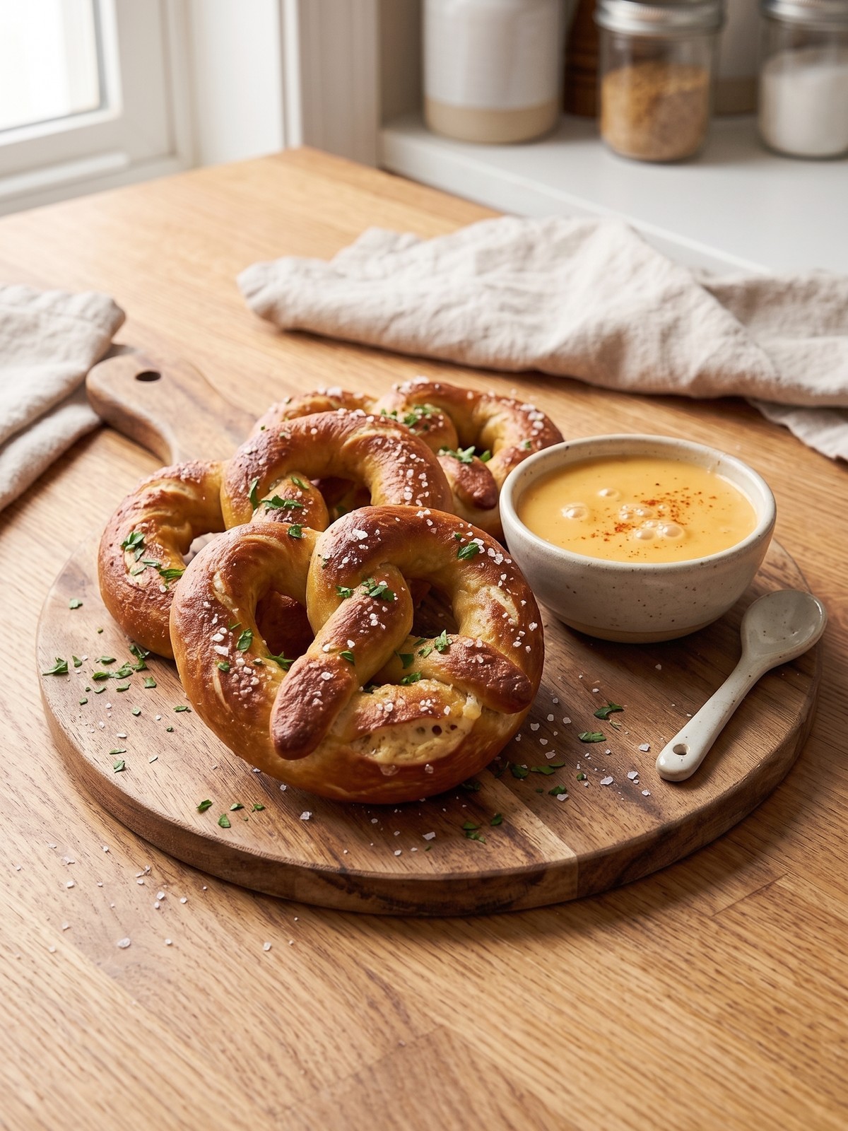 Golden Cheese Stuffed Pretzels served with mustard and several savory topping variations