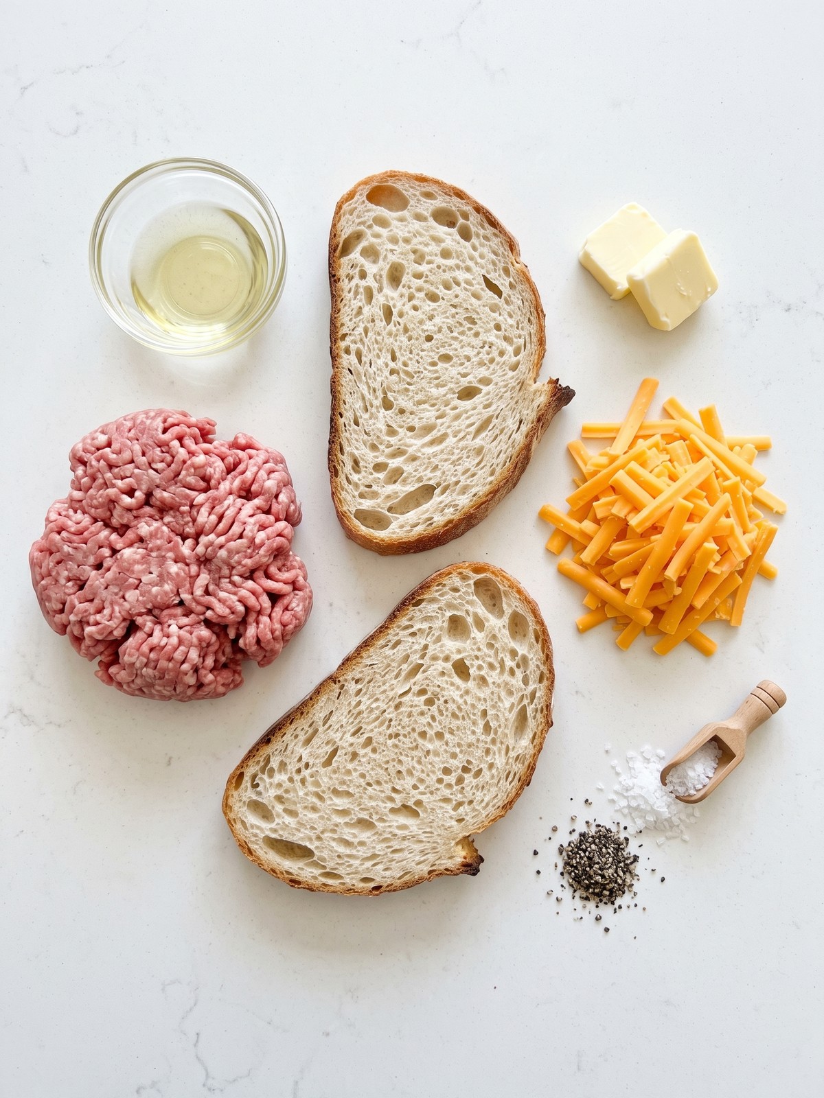 Two slices of golden-brown sourdough bread sandwiching melted cheddar and crumbled ground beef on a plate.