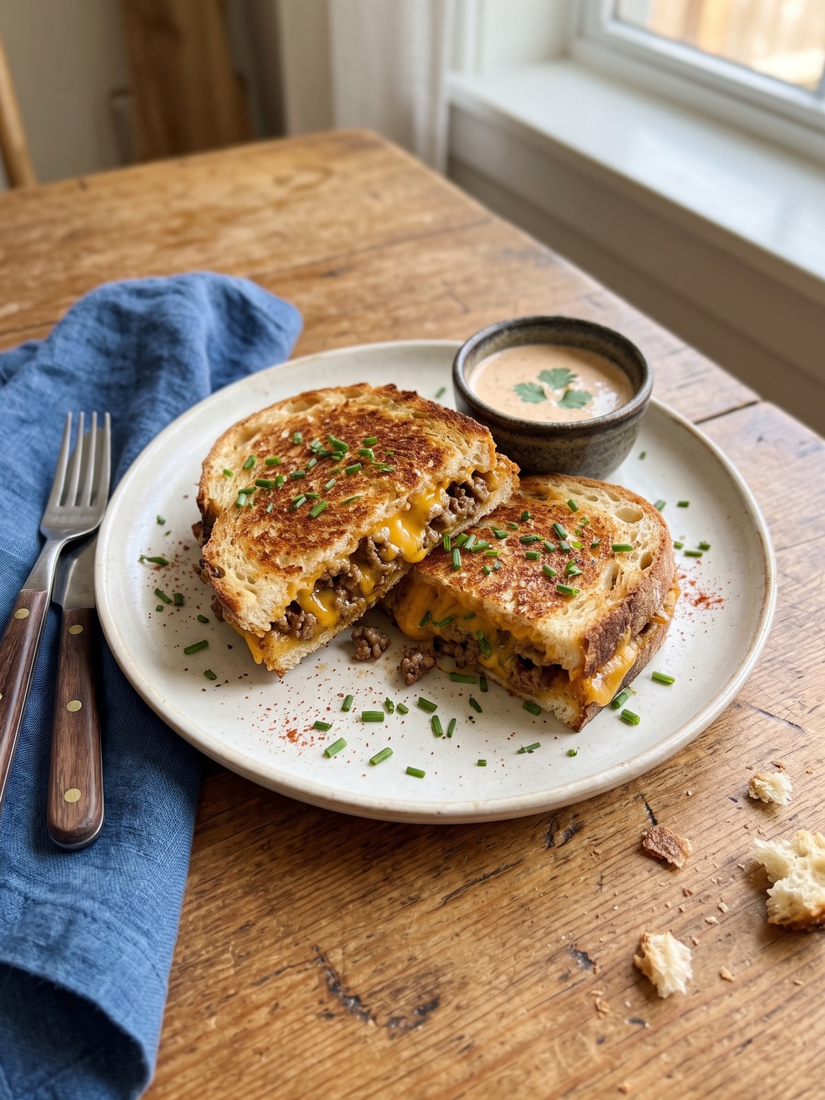 A close-up of a cheesy ground beef melt with a side of crispy potato wedges and a small bowl of ketchup.