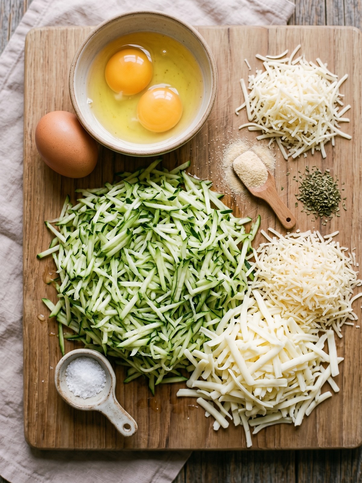 Shredded zucchini, eggs, mozzarella, Parmesan, and seasonings prepared for Cheesy Zucchini Breadsticks