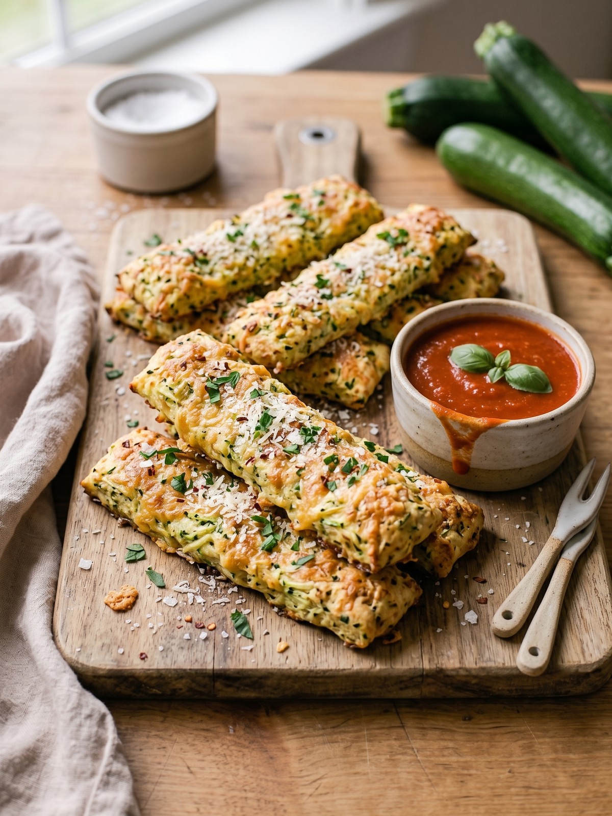 Sliced Cheesy Zucchini Breadsticks served warm with a tomato dipping sauce