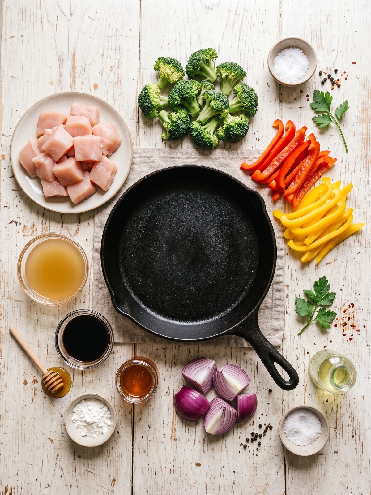 Chicken and Vegetable Skillet ingredients with cubed chicken, broccoli, peppers, onion, and honey-soy sauce components