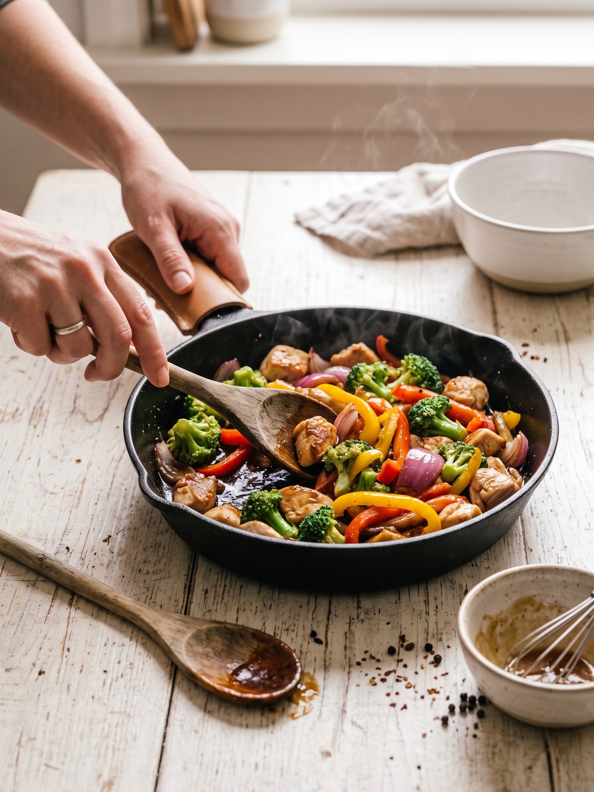 Chicken and vegetables cooking in a skillet with a glossy honey-soy sauce