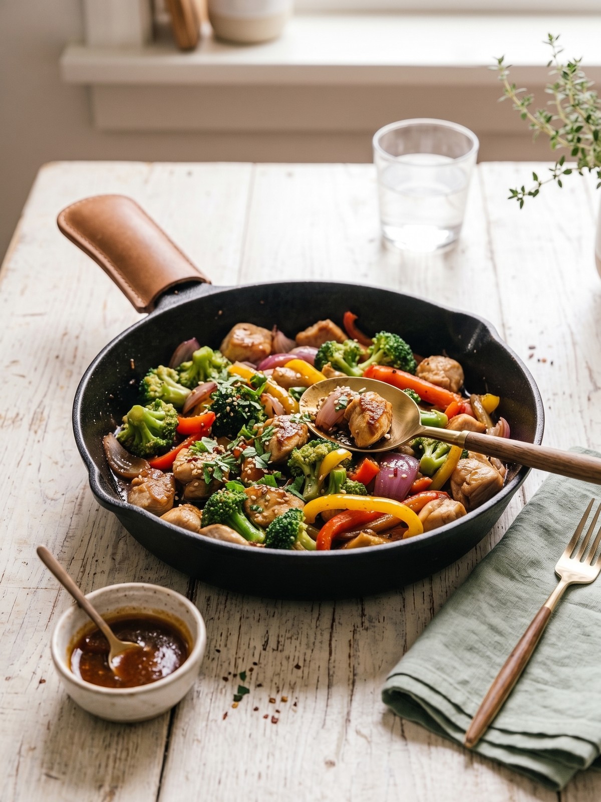 Chicken and Vegetable Skillet served over rice with colorful peppers and broccoli