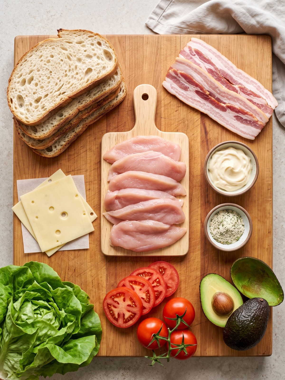 Chicken Club Sandwich ingredients with sourdough bread, bacon, chicken, avocado, lettuce, tomato, Swiss cheese, and ranch mayo