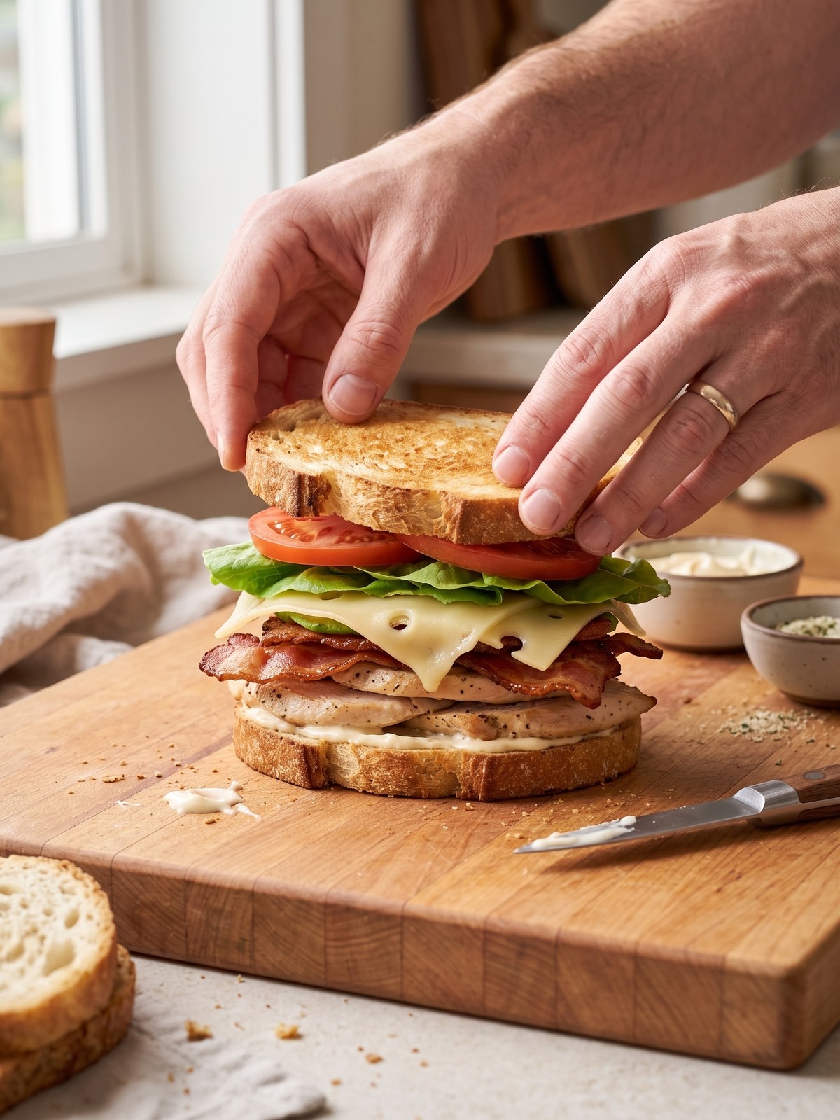 How to make Chicken Club Sandwich with toasted sourdough, ranch mayo, chicken, bacon, avocado, lettuce, and tomato layers