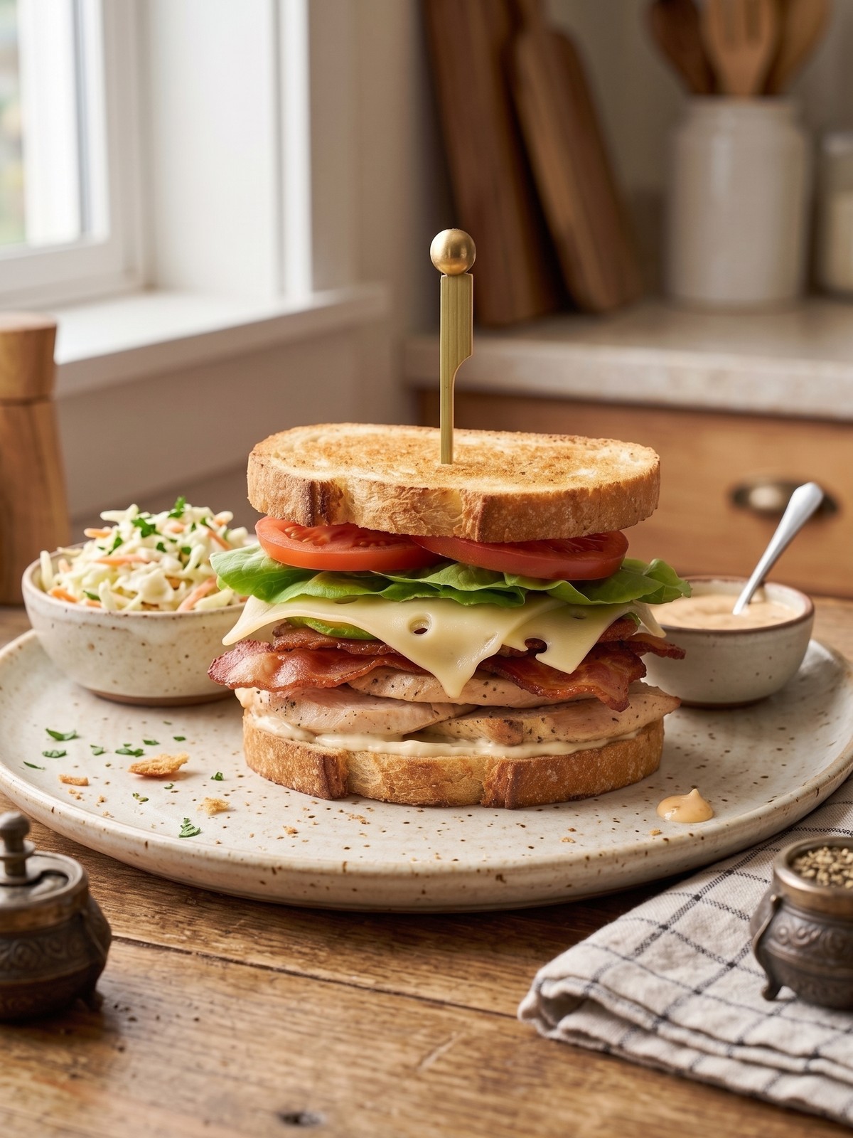 Serving and variation ideas for Chicken Club Sandwich with crisp bacon, avocado, Swiss cheese, lettuce, and tomato