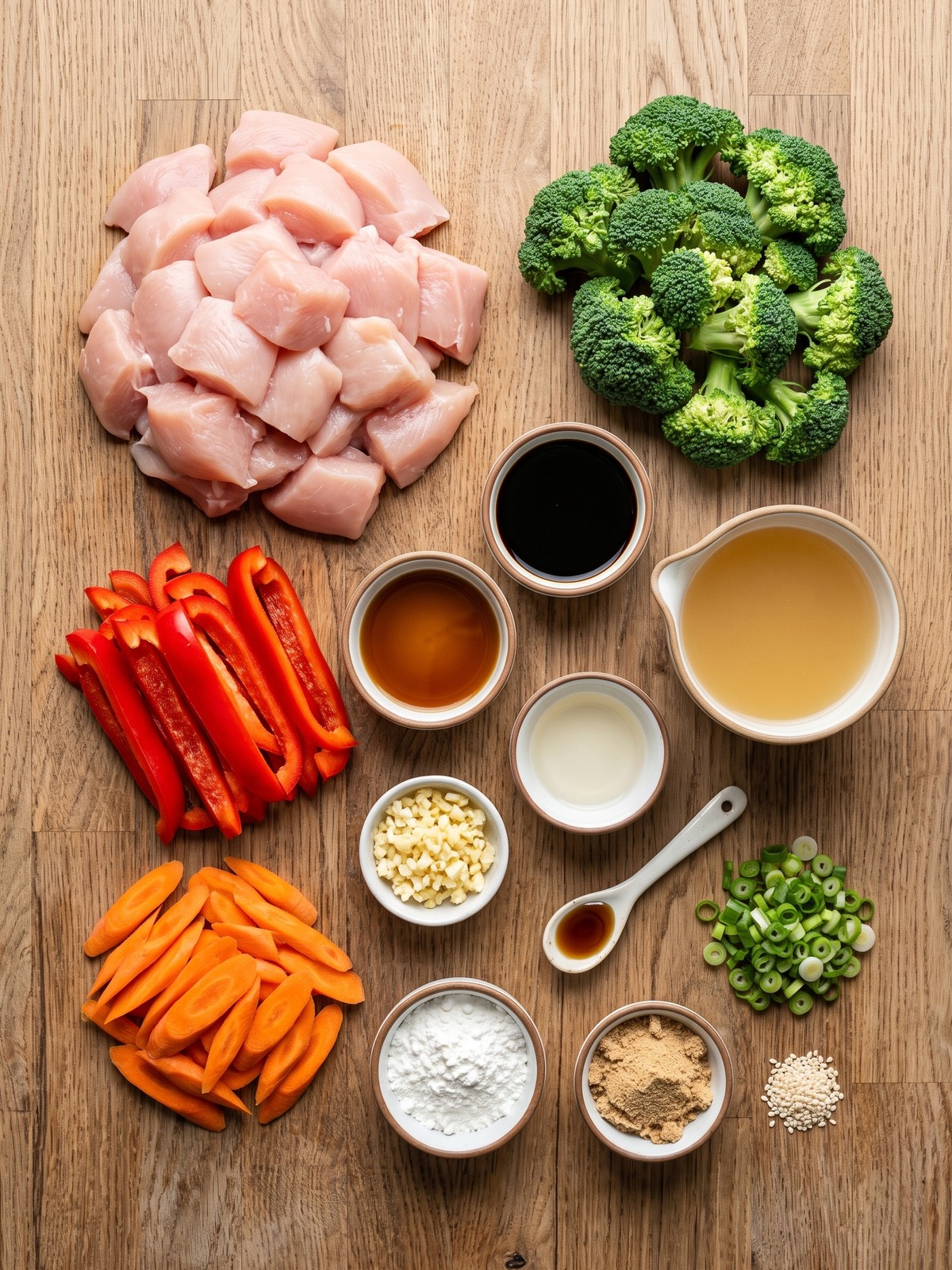 A bowl of Chinese Chicken in Garlic Sauce with broccoli, red bell pepper, and carrots, garnished with scallions and sesame seeds.