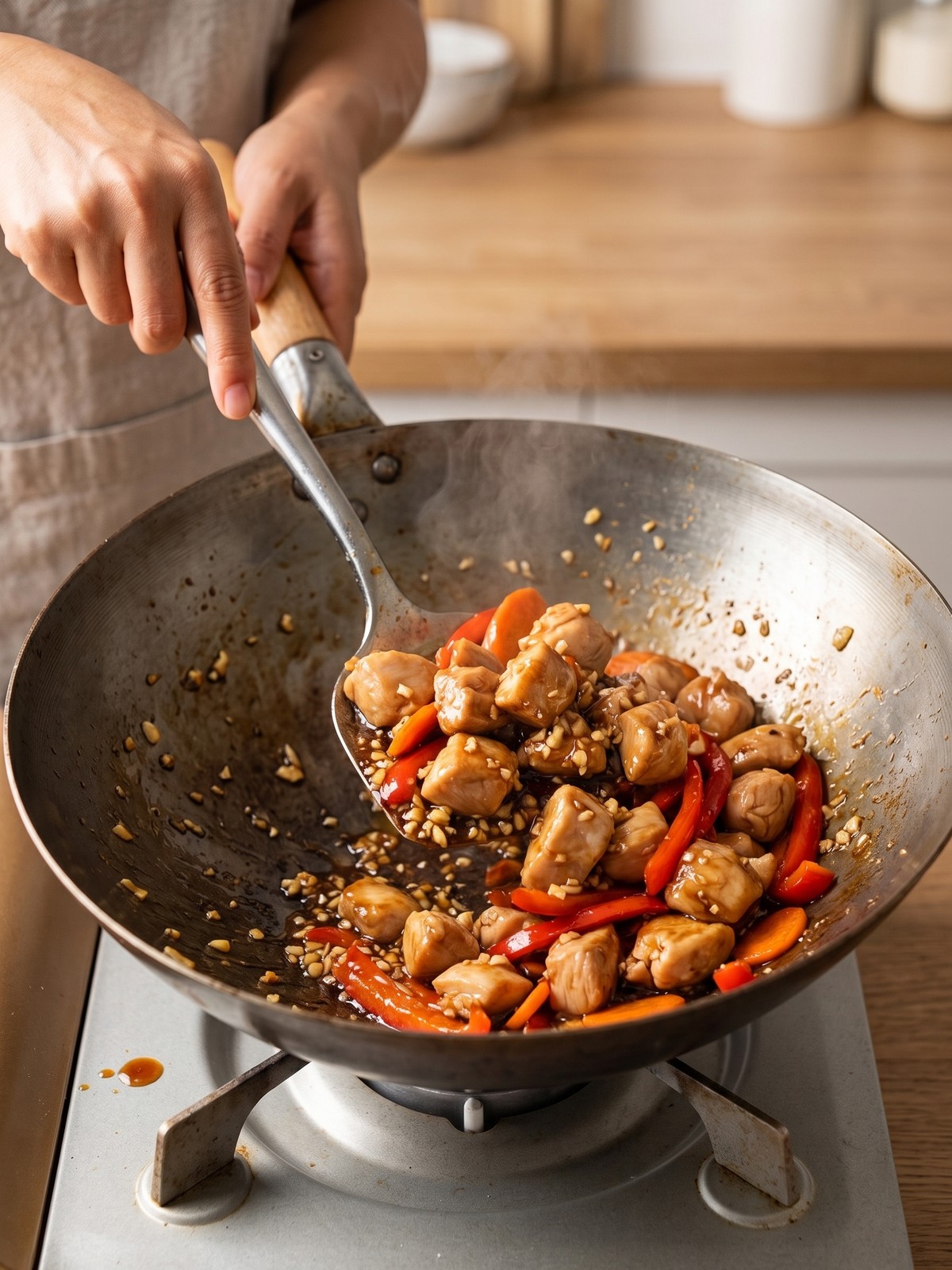 Step-by-step process of making Chinese Chicken in Garlic Sauce in a wok, showing chicken and vegetables being stir-fried.