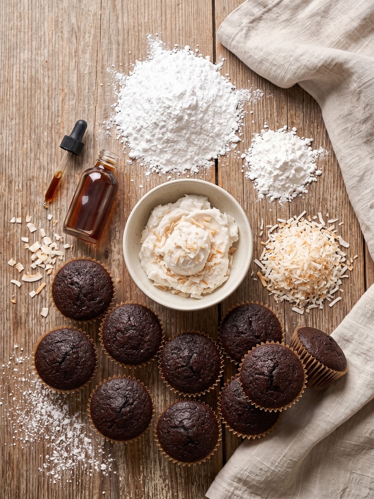Bowl of fluffy coconut milk frosting with a spatula, next to dark chocolate cupcakes on a marble surface.