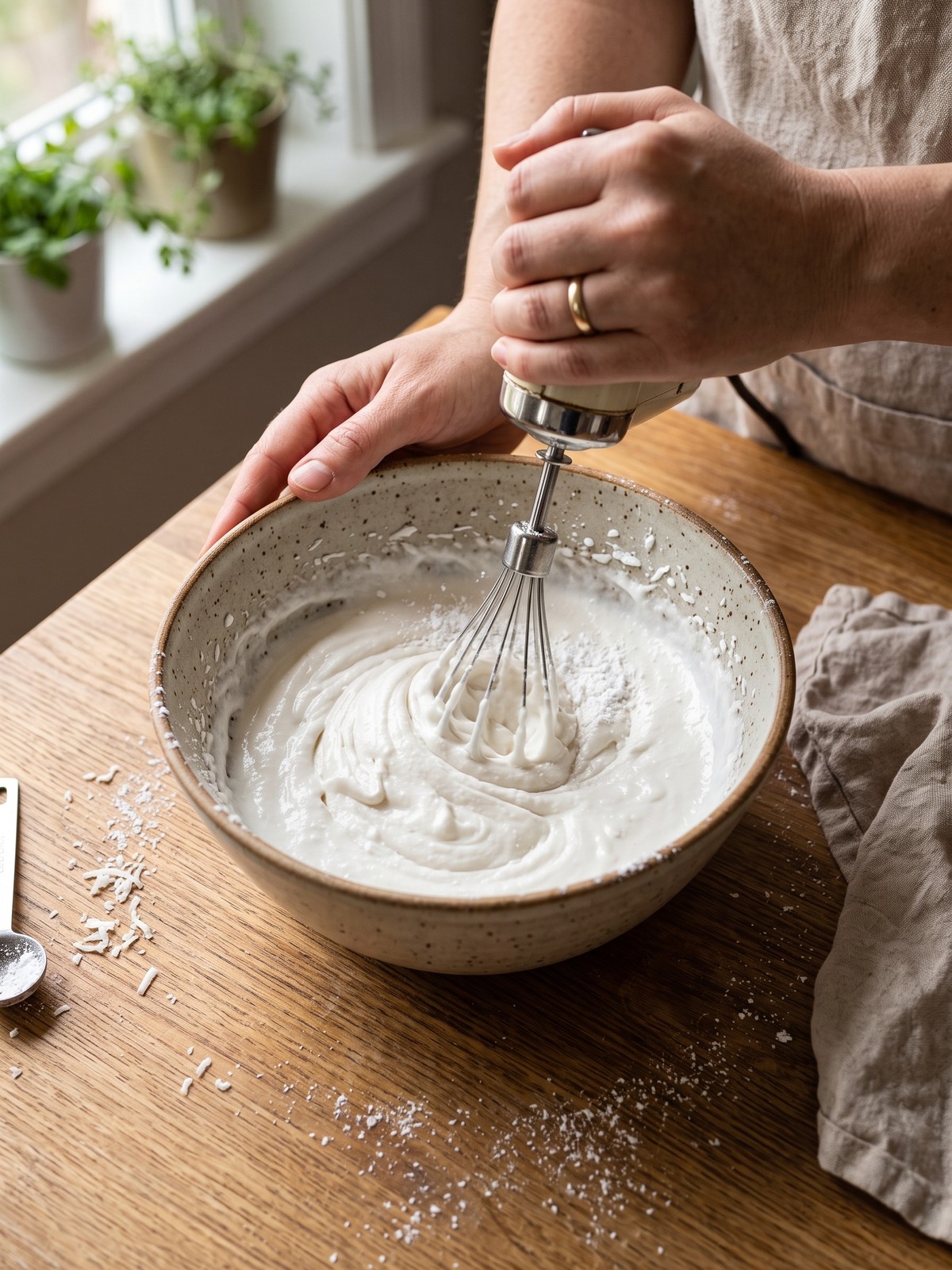 Close-up of a hand piping coconut milk frosting onto a dark chocolate cupcake, with coconut flakes scattered on the counter.