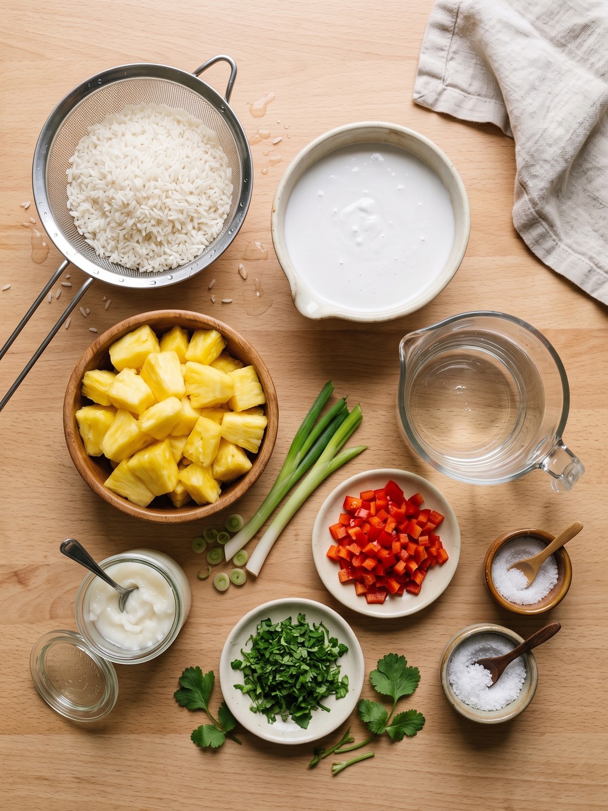 Coconut Pineapple Rice in a serving bowl with fresh cilantro and pineapple chunks visible