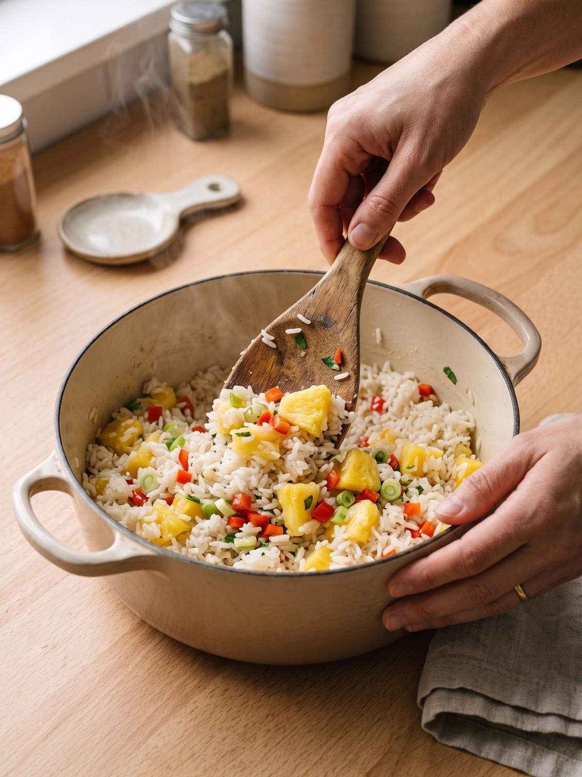 Step-by-step process of making Coconut Pineapple Rice in a skillet with coconut milk and pineapple