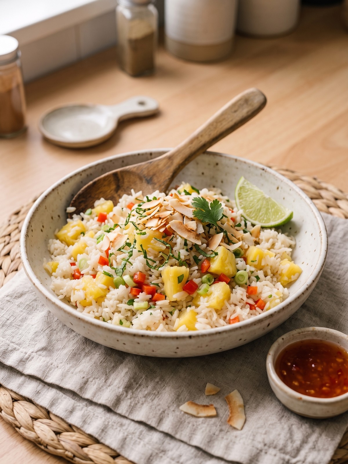Variation of Coconut Pineapple Rice with added cashews and jalapeño slices