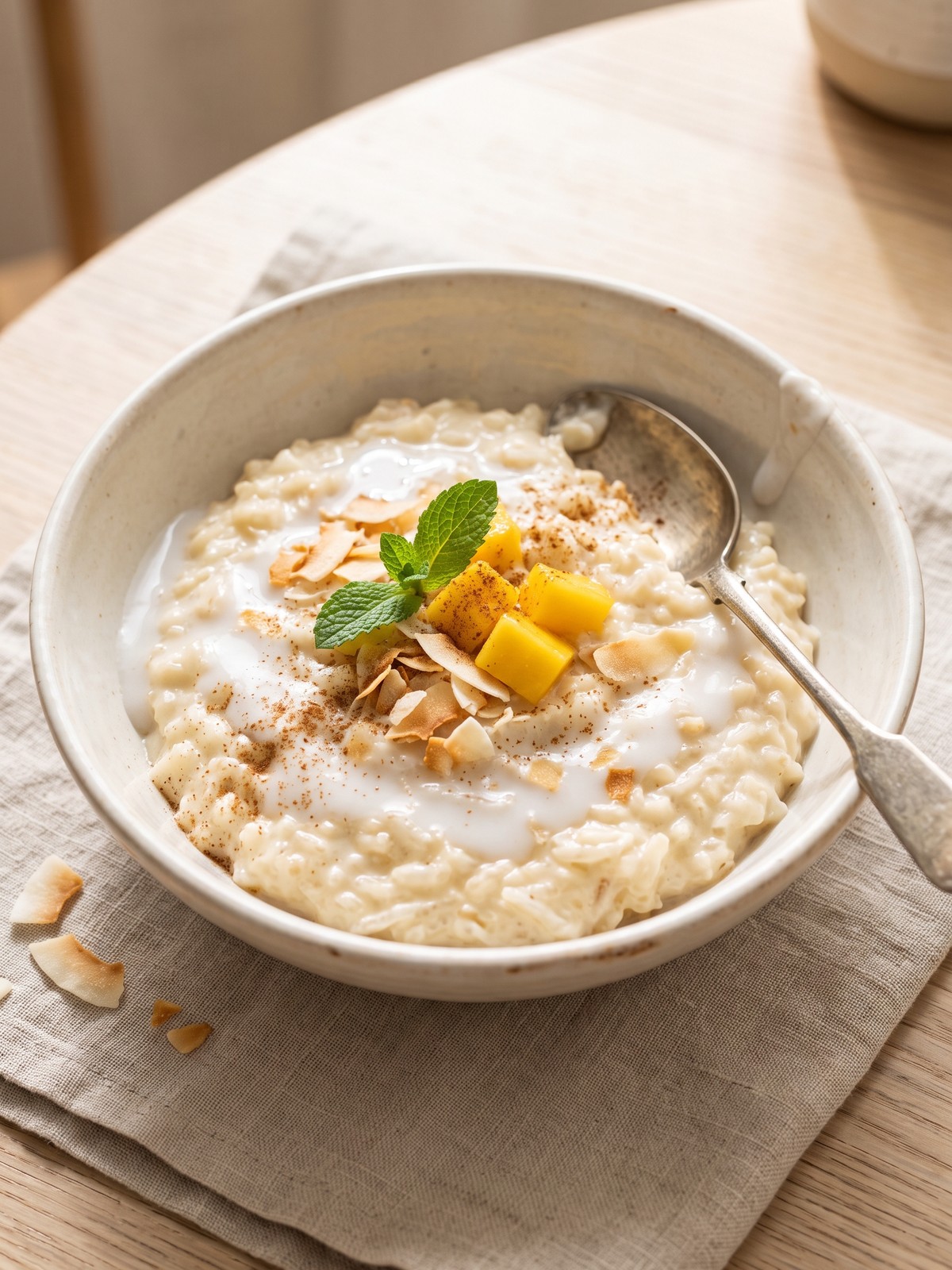 Creamy coconut rice pudding in a white bowl topped with toasted coconut and a mint sprig.