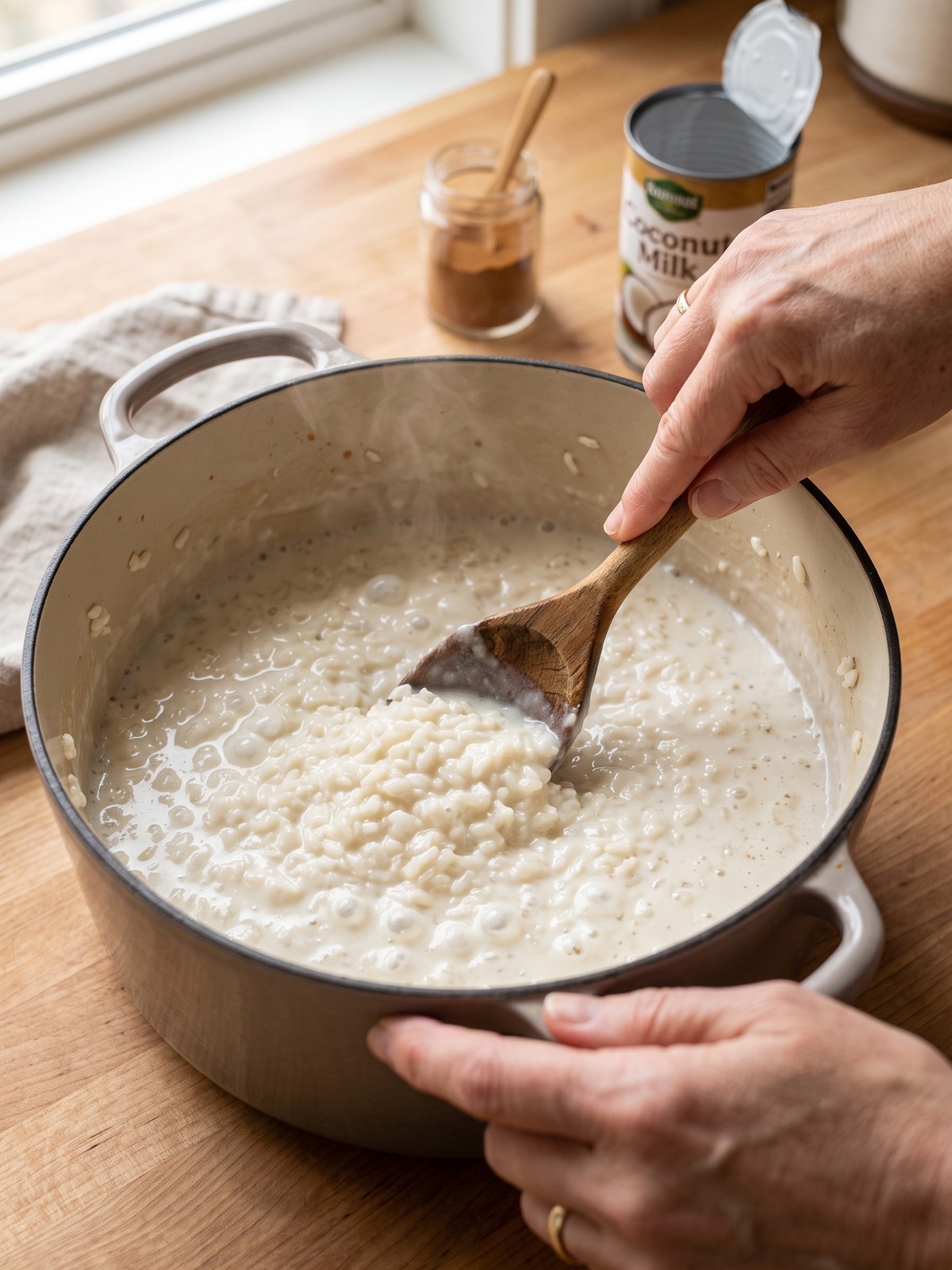 Step-by-step process of making coconut rice pudding in a saucepan with coconut milk and rice.