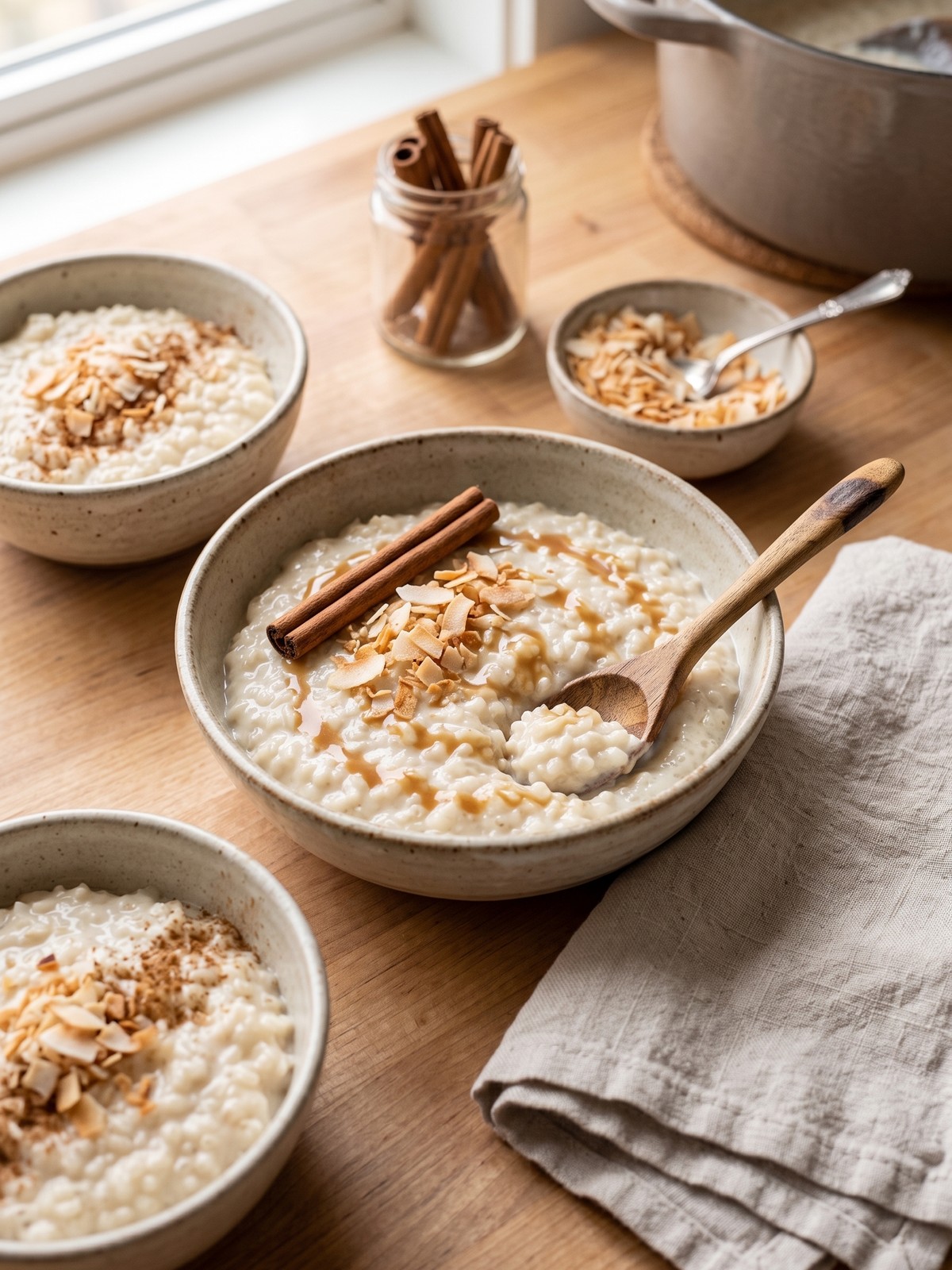 Variations of coconut rice pudding with mango, spices, and different toppings in small bowls.