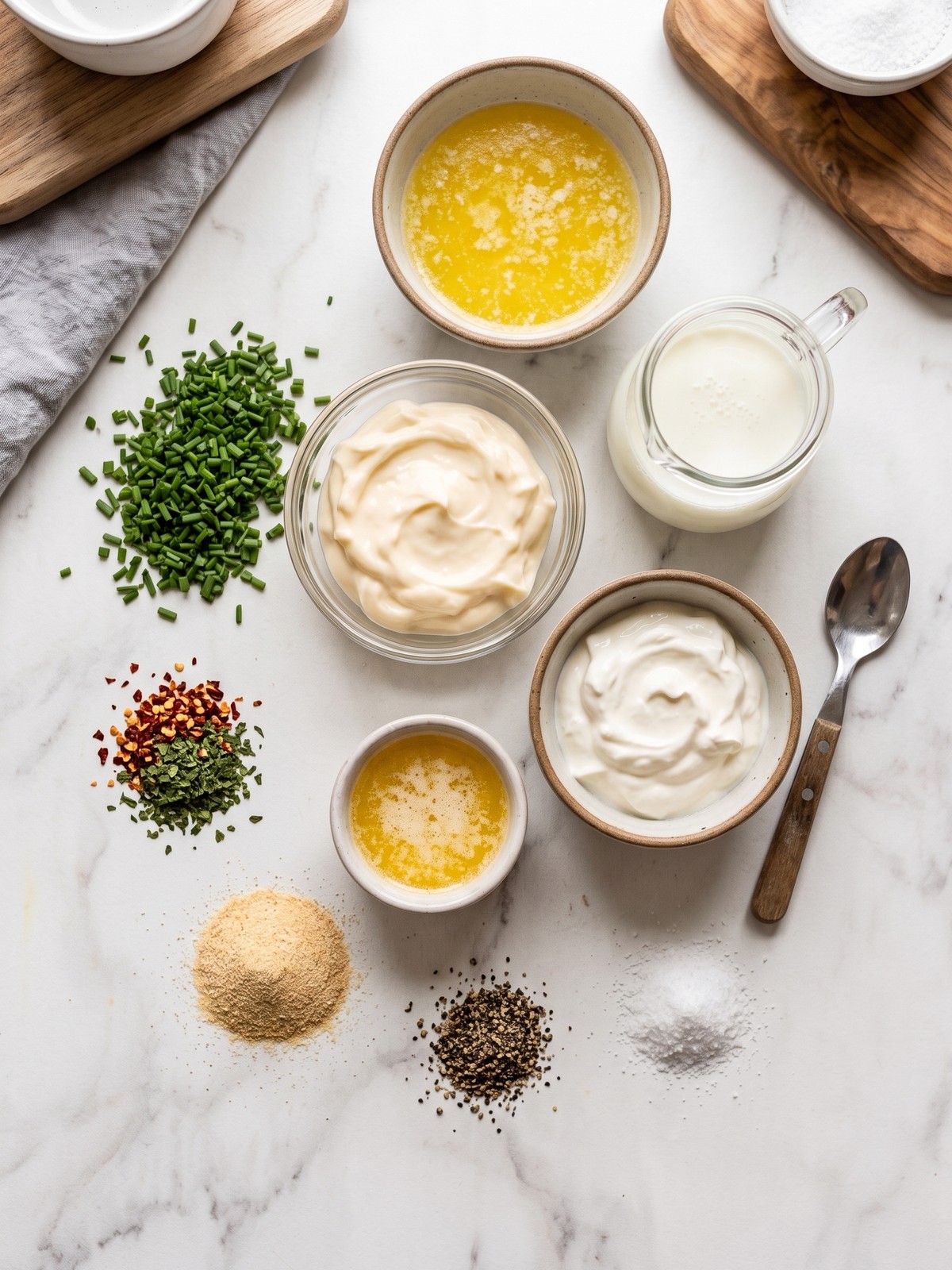 Cowboy Butter Ranch Dressing ingredients measured beside a mixing bowl