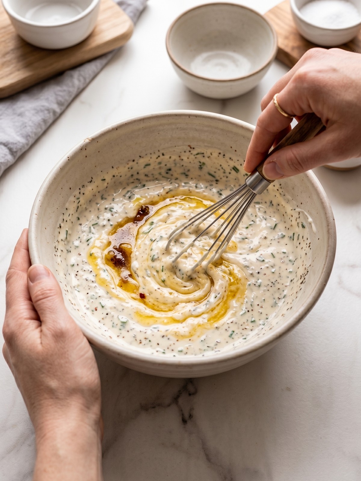 Cowboy Butter Ranch Dressing being whisked until smooth and creamy