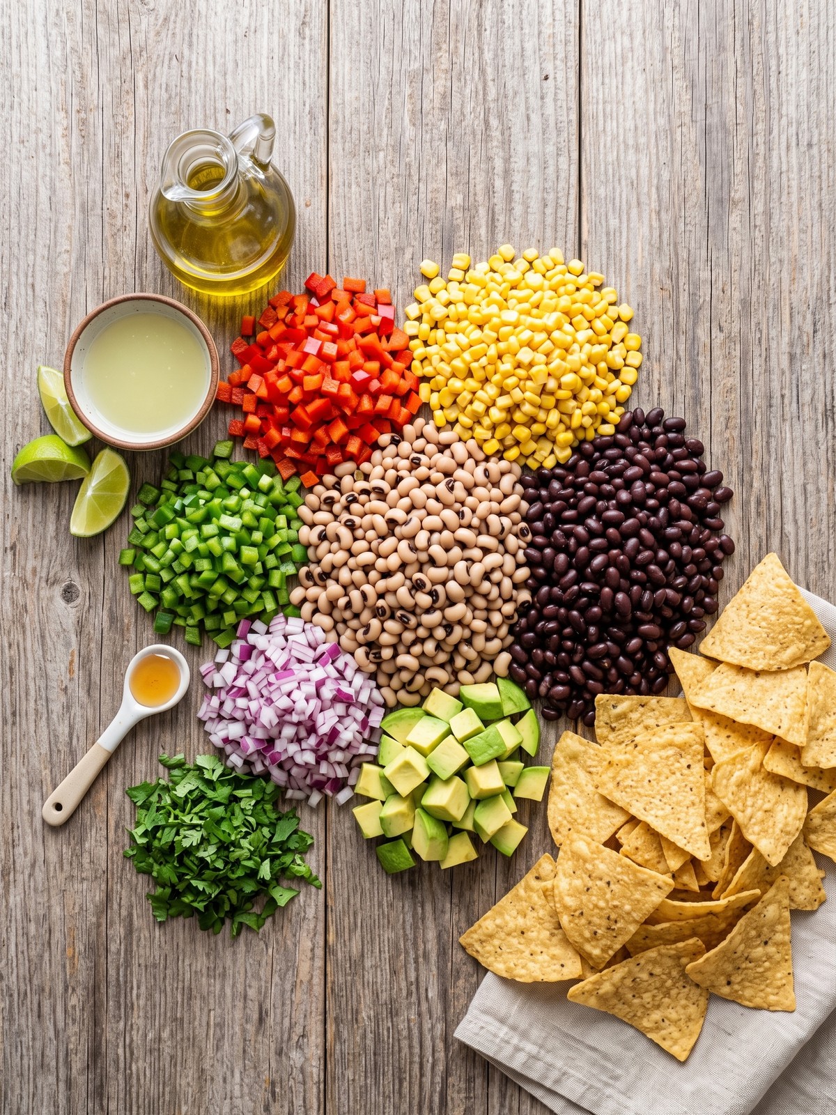 Cowboy Caviar in a serving bowl surrounded by tortilla chips and fresh ingredients.