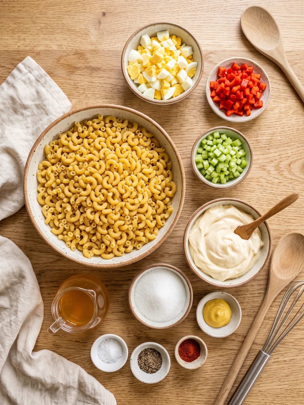 Ingredients for Amish Macaroni Salad with elbow macaroni, eggs, celery, bell pepper, and mustard mayo dressing