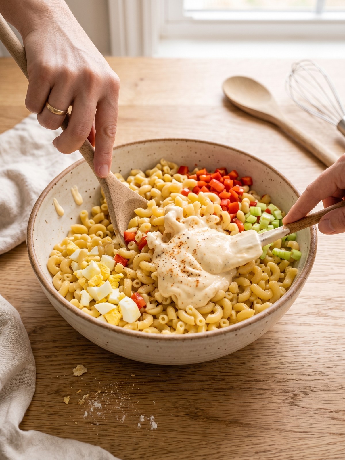 How to make Amish Macaroni Salad by folding macaroni, eggs, vegetables, and creamy dressing together