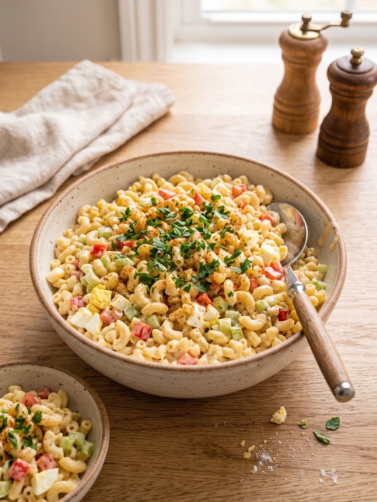 Chilled Amish Macaroni Salad served in a bowl with paprika garnish and picnic side dishes