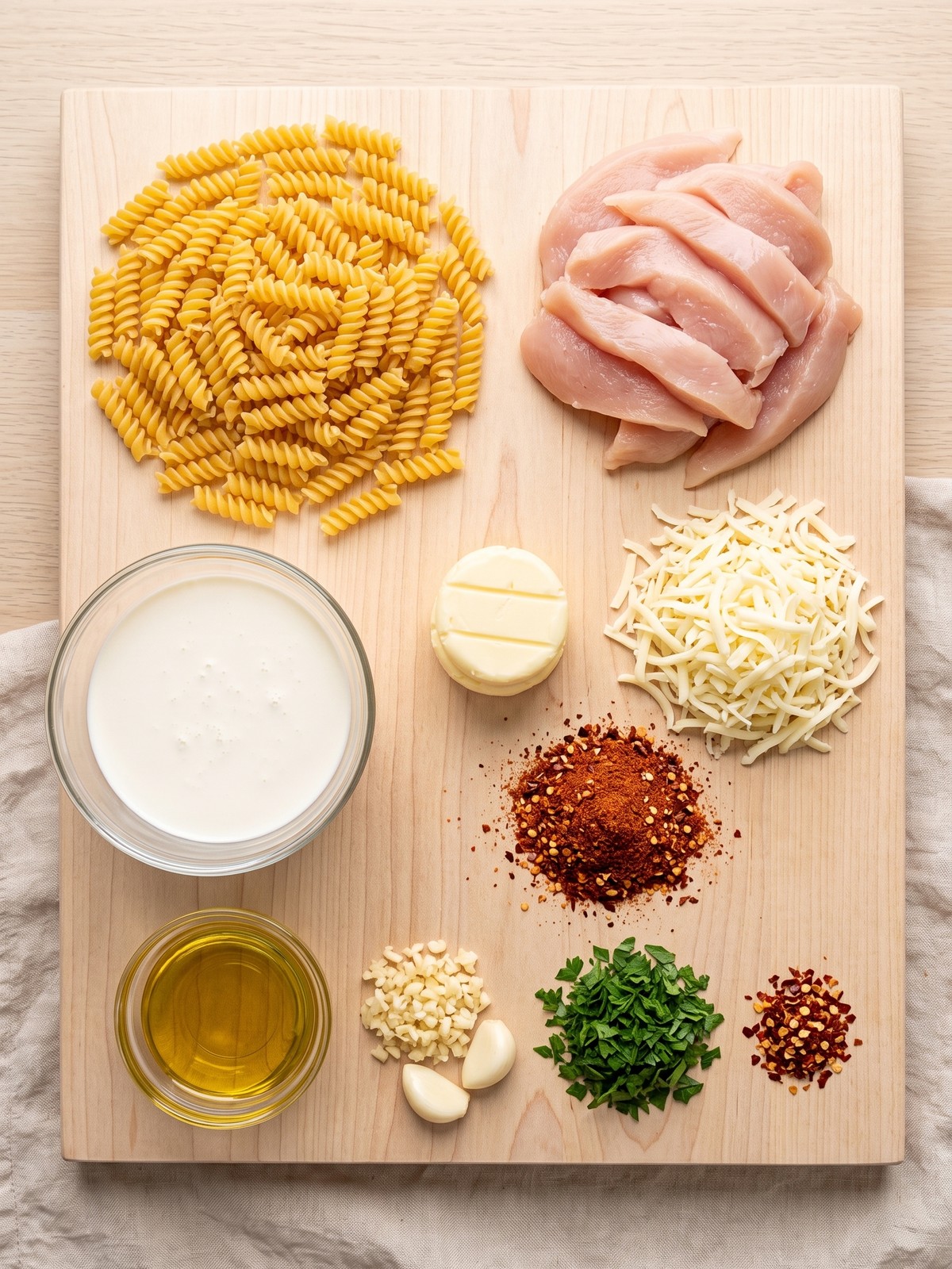 Creamy Cajun Chicken Rotini Pasta ingredients arranged with chicken, rotini, cream, mozzarella, garlic, and seasonings