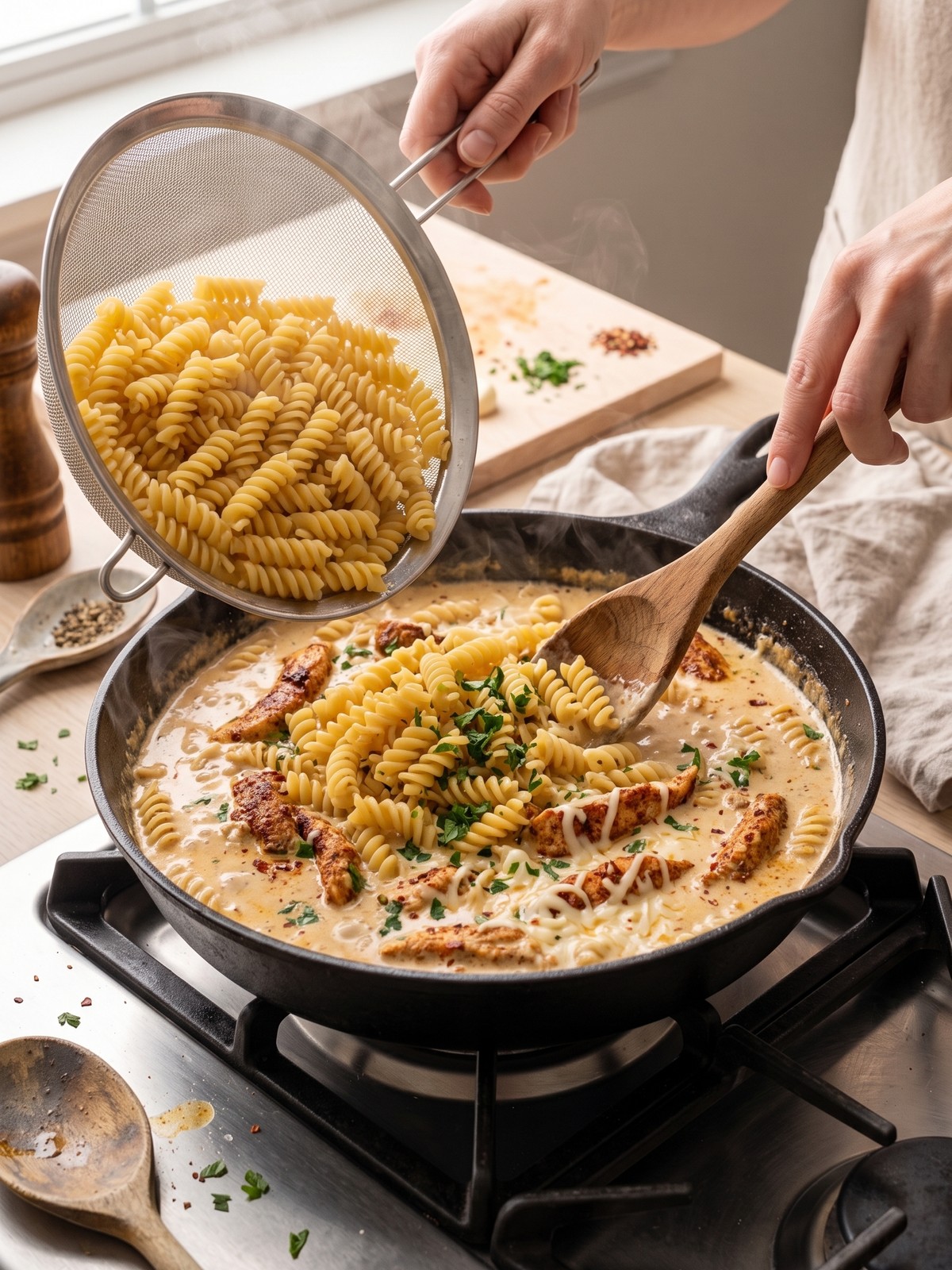 Creamy Cajun Chicken Rotini Pasta being tossed in a skillet with seared chicken and mozzarella cream sauce