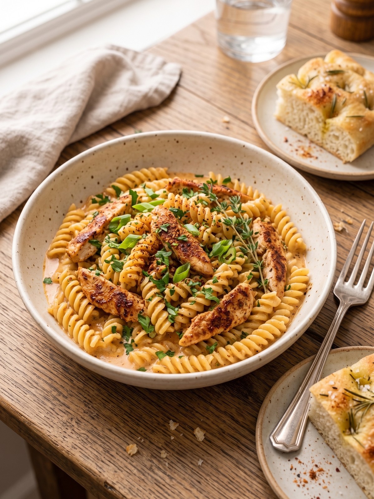 Creamy Cajun Chicken Rotini Pasta served with parsley and optional bell pepper and spinach variations