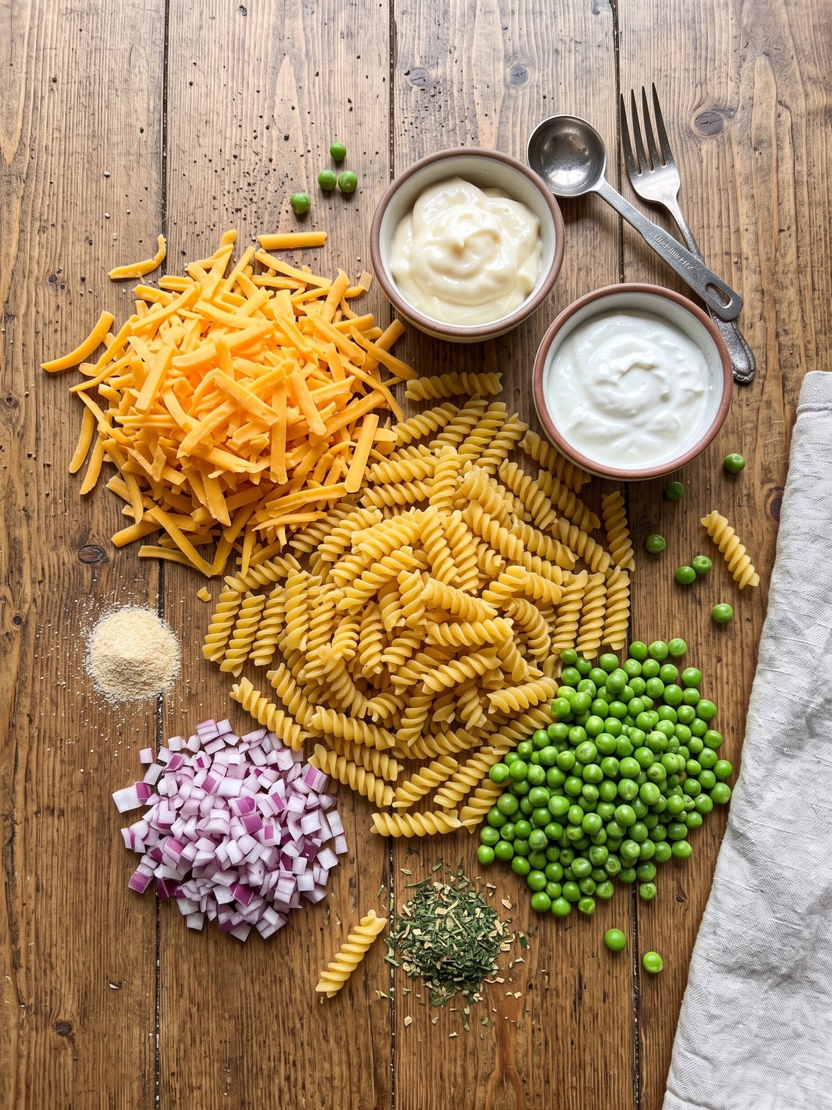 Creamy Cheddar Pasta Salad in a white serving bowl with a wooden spoon, showing rotini, cheddar cubes, and green peas in a glossy dressing.
